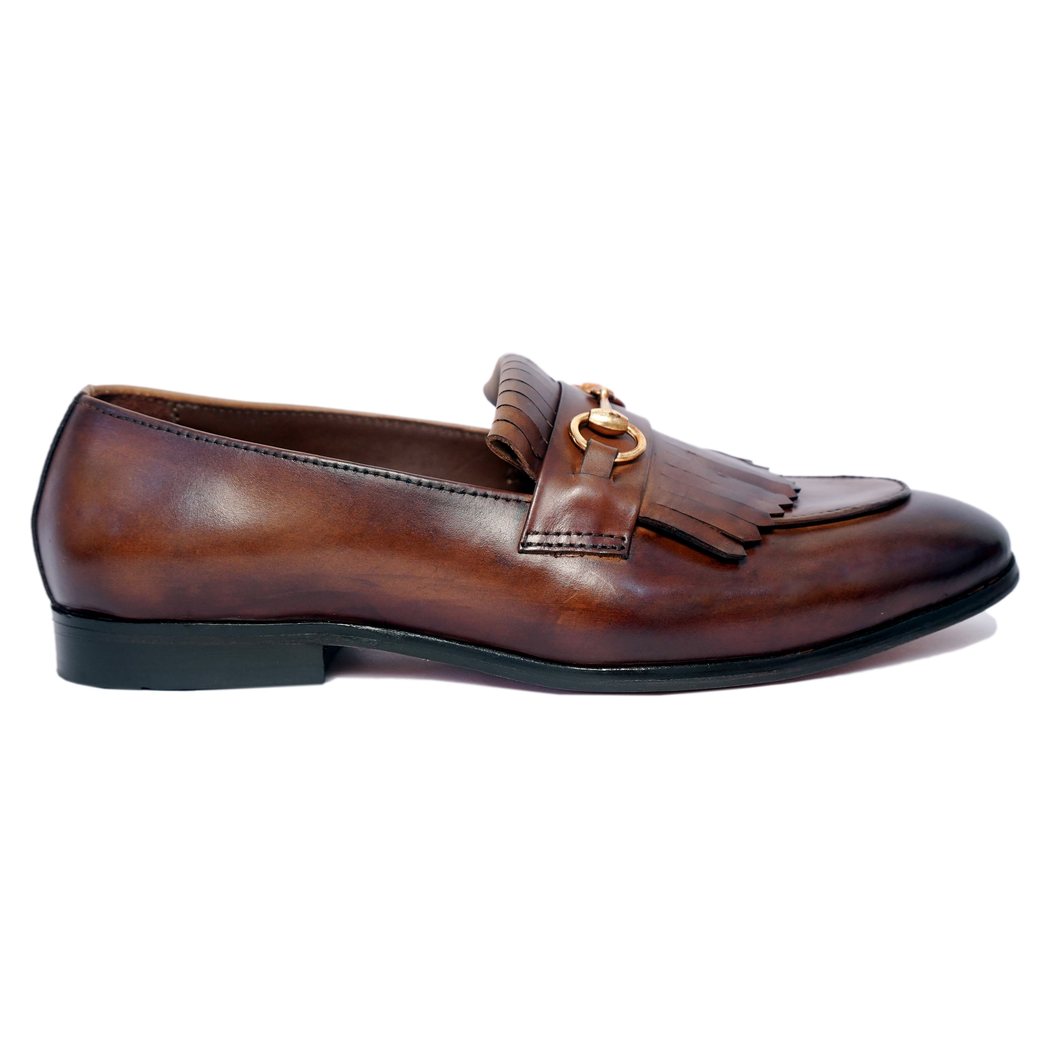 Horsebit Loafers With Fringes Wood Finish