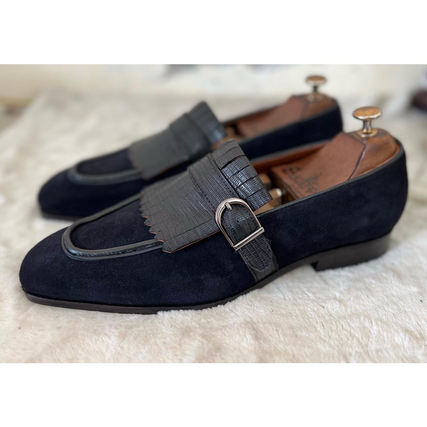 Black Suede Loafers With Fringes
