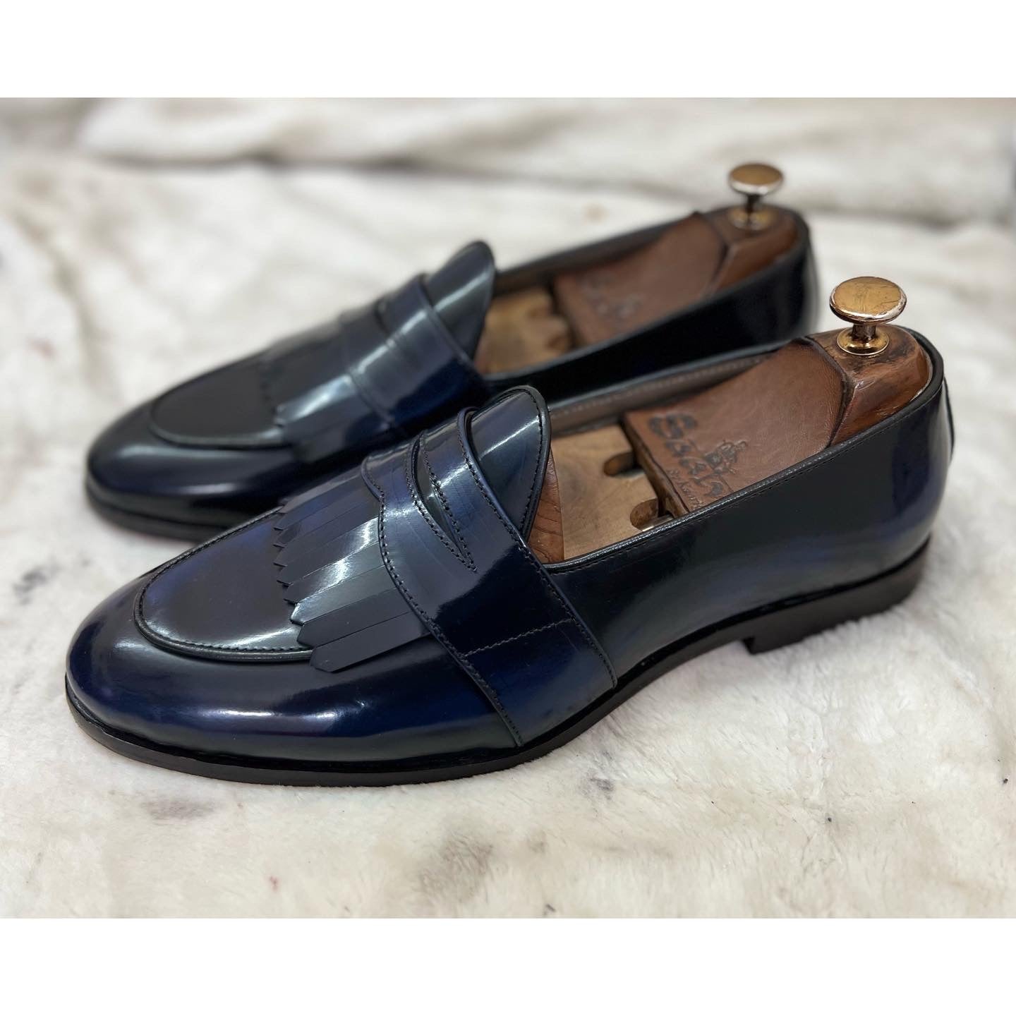 Blue Belgian Loafers for Men – Leather Fringe Slip-On Formal Shoes