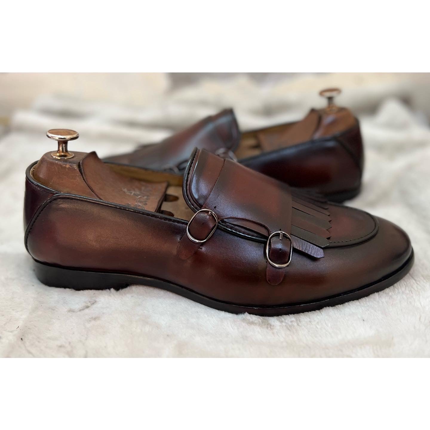 Brown Double Monk Strap Loafers With Fringes