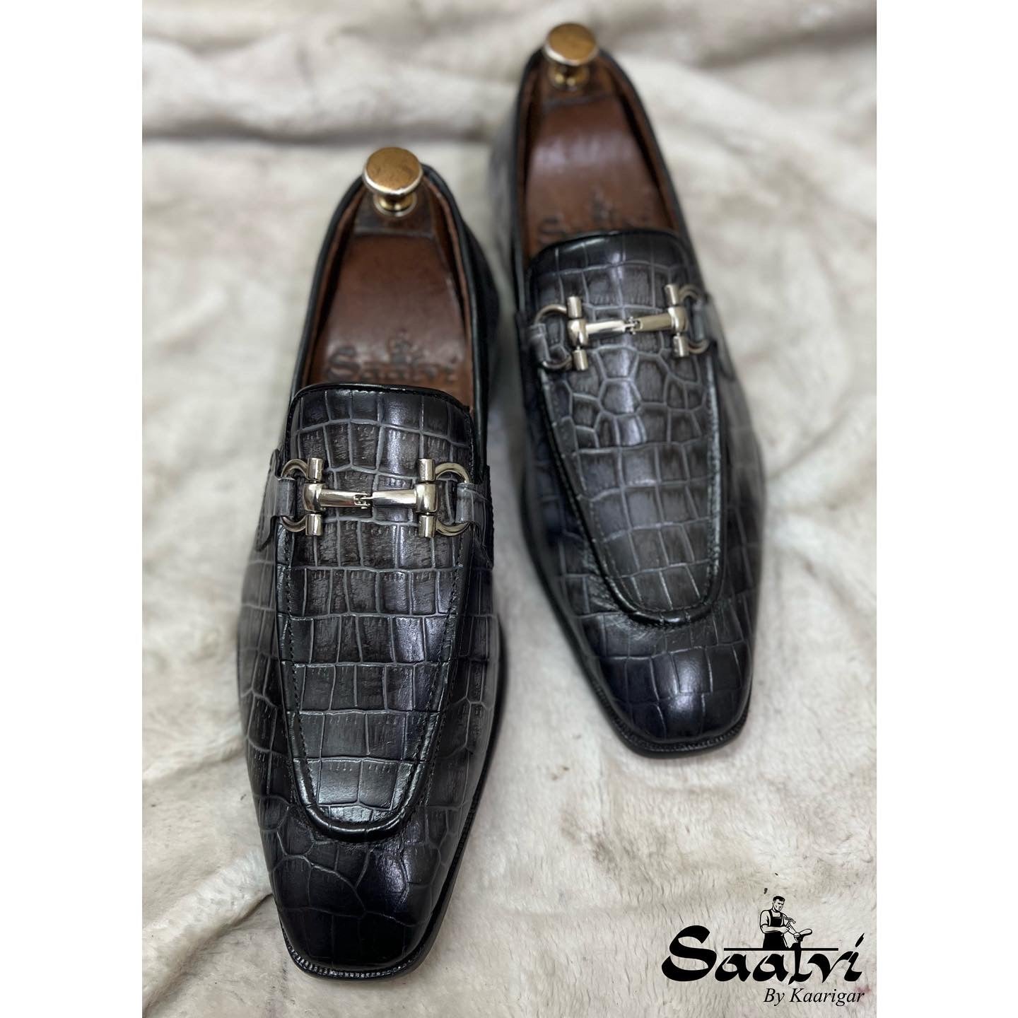 Grey Croco Loafers With Buckle