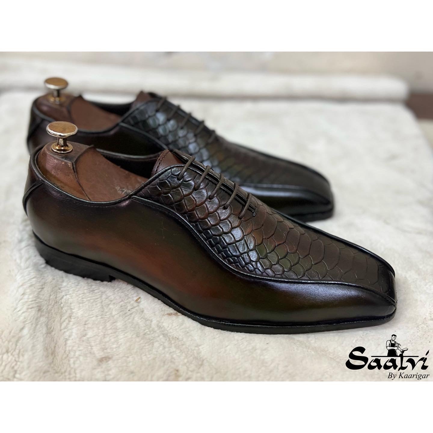 Python Embossed Oxfords Green Hand Patina