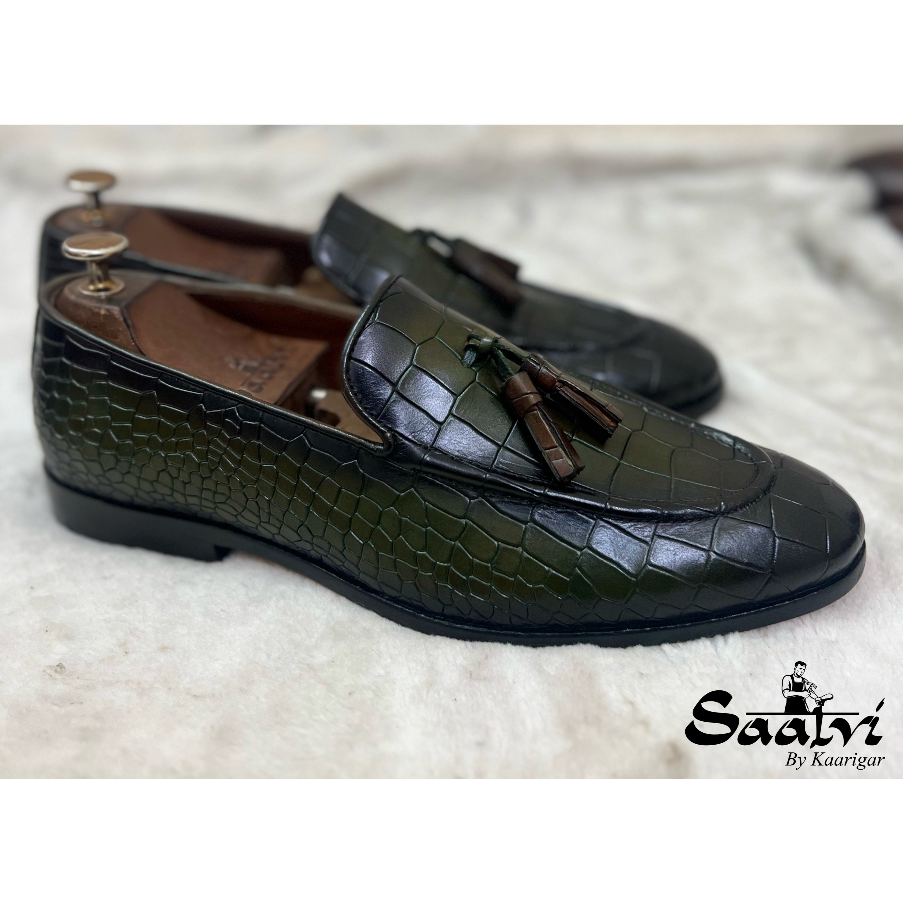 Green Croco Loafers With Tassels