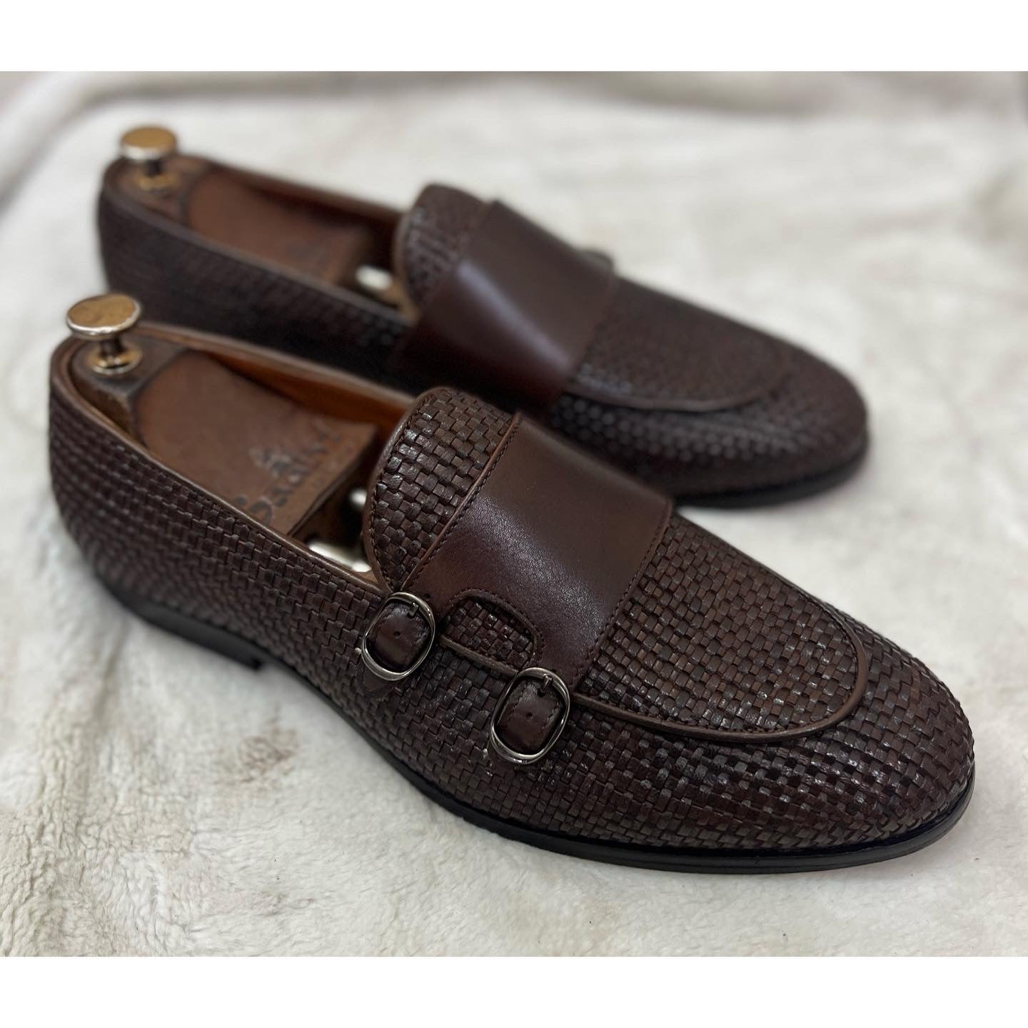 GG Men's Double Monk Strap Loafer White Embossed Cowhide