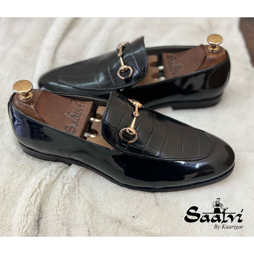 Black Patent Horsebit With Crocodile Leather