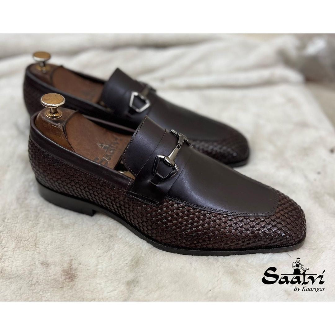 Brown Weave Loafers With Metal Trim T
