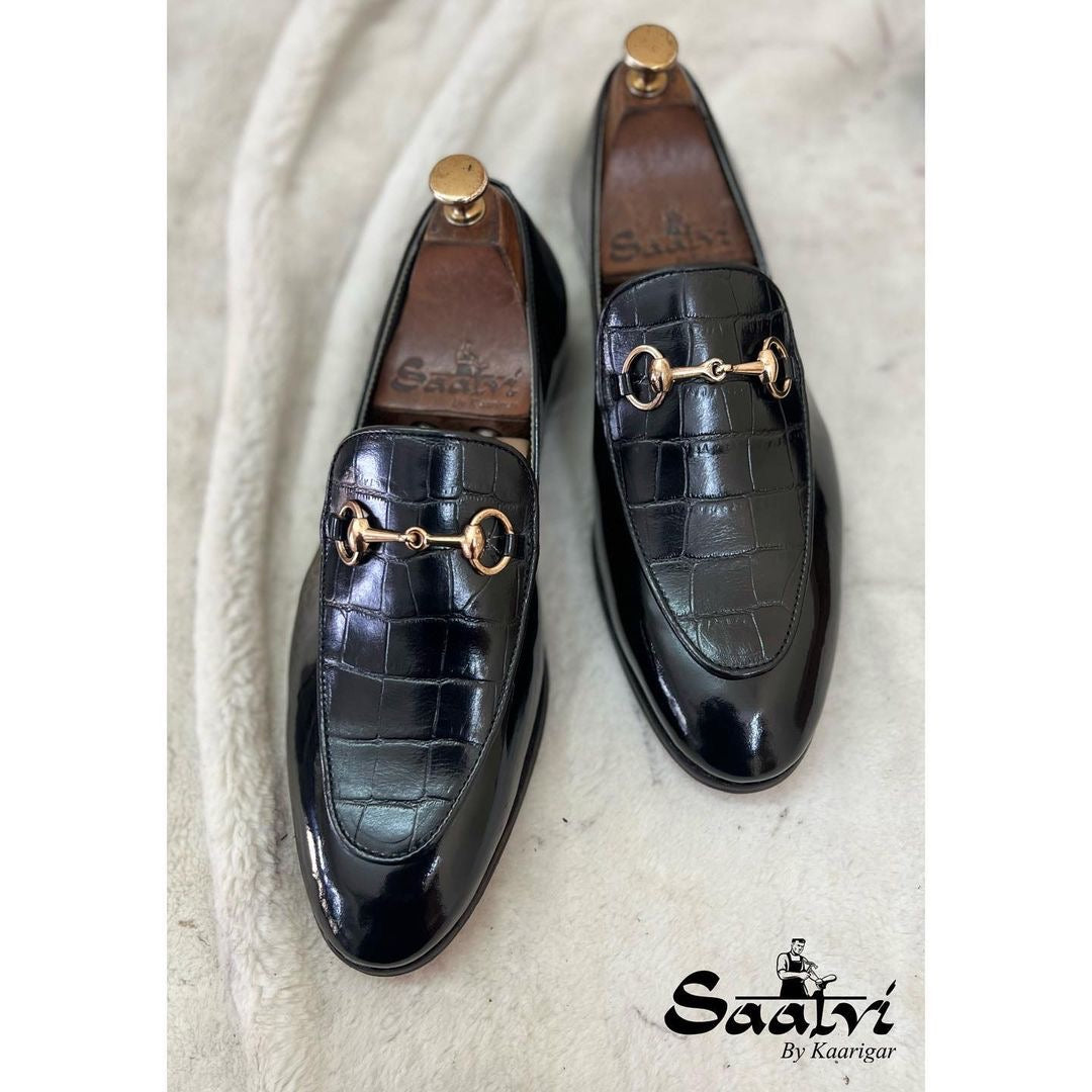 Black Patent Horsebit With Crocodile Leather