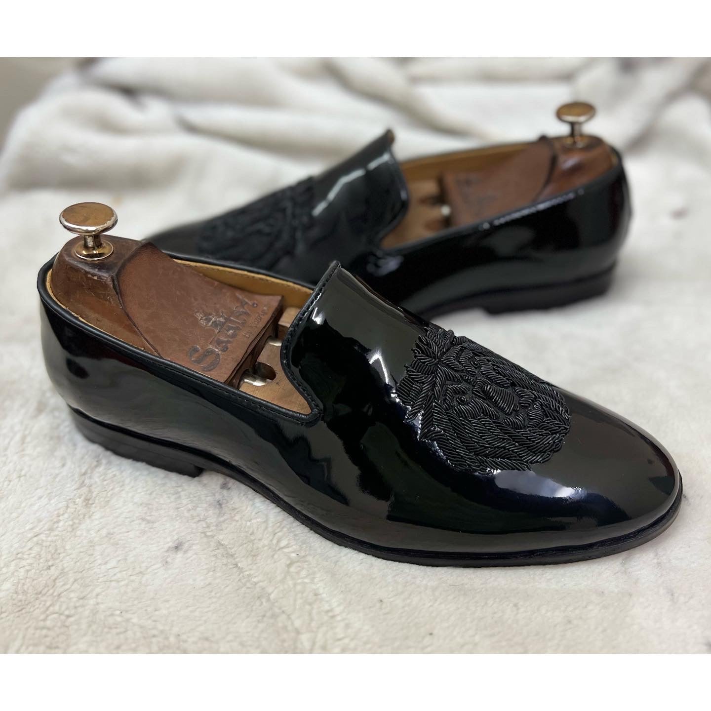 Black Patent Lion Black Zardosi Slipons