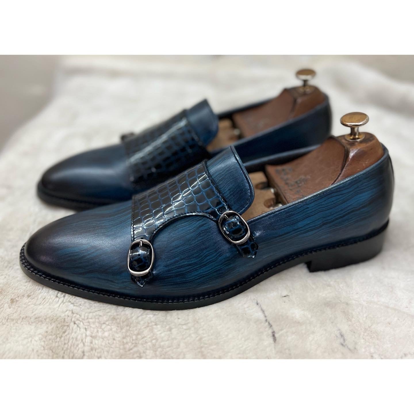 Blue Double Monk Strap Loafers