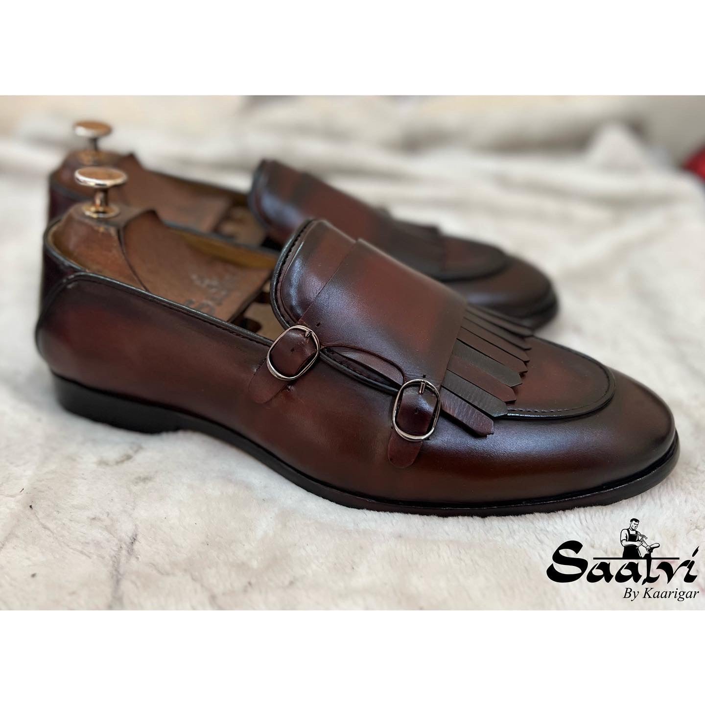 Brown Double Monk Strap Loafers With Fringes