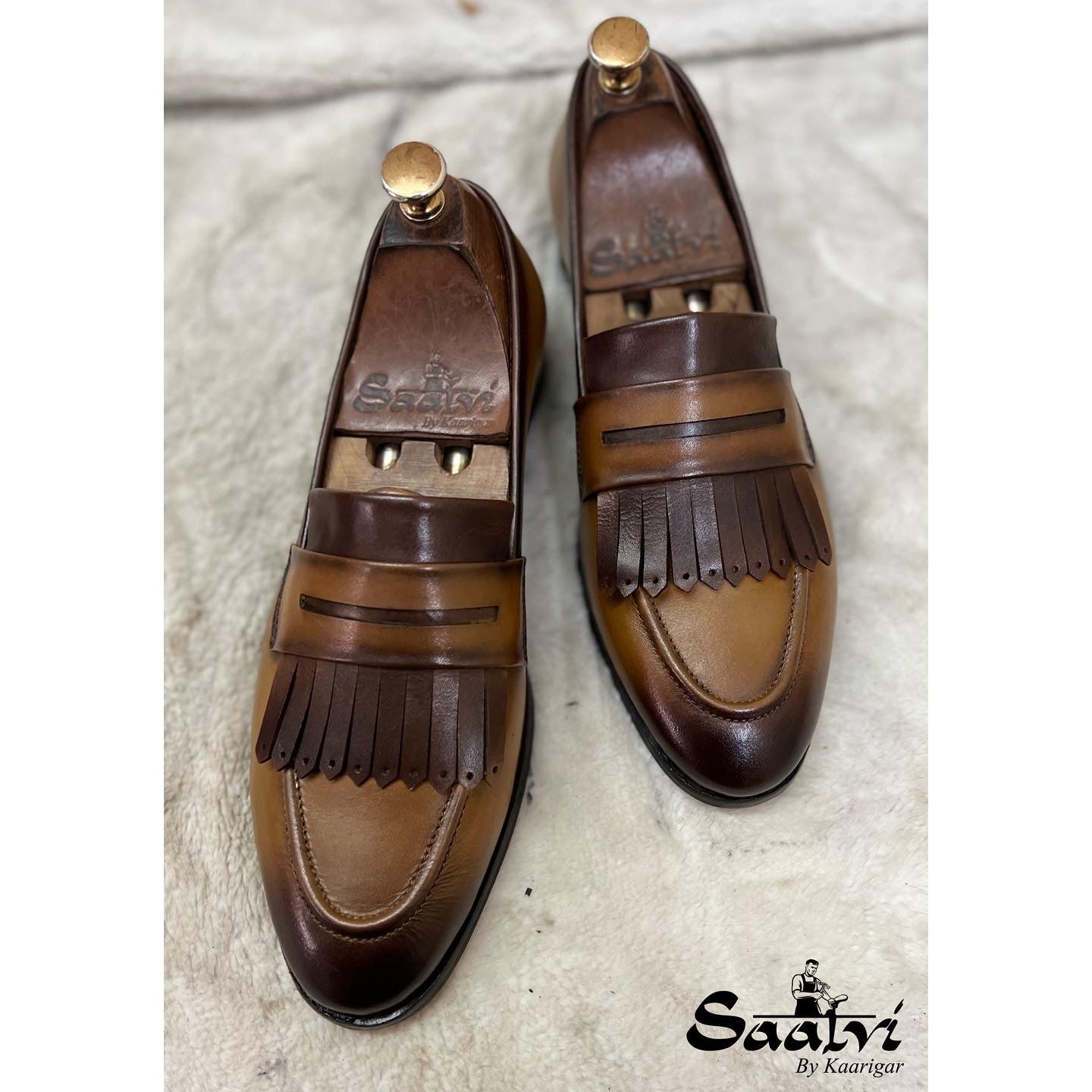 Tan Penny Loafers With Fringes