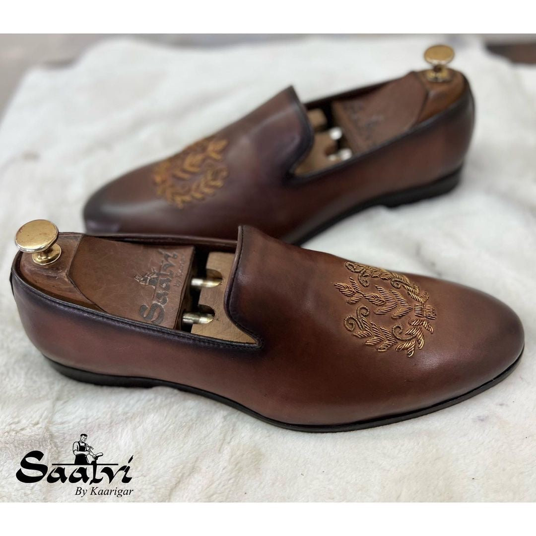 Brown Leaf Zardosi Slipon