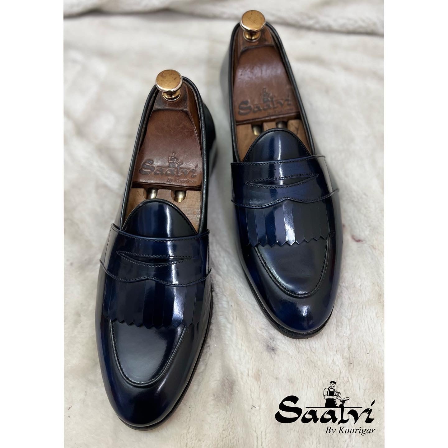 Blue Belgian Loafers for Men – Leather Fringe Slip-On Formal Shoes