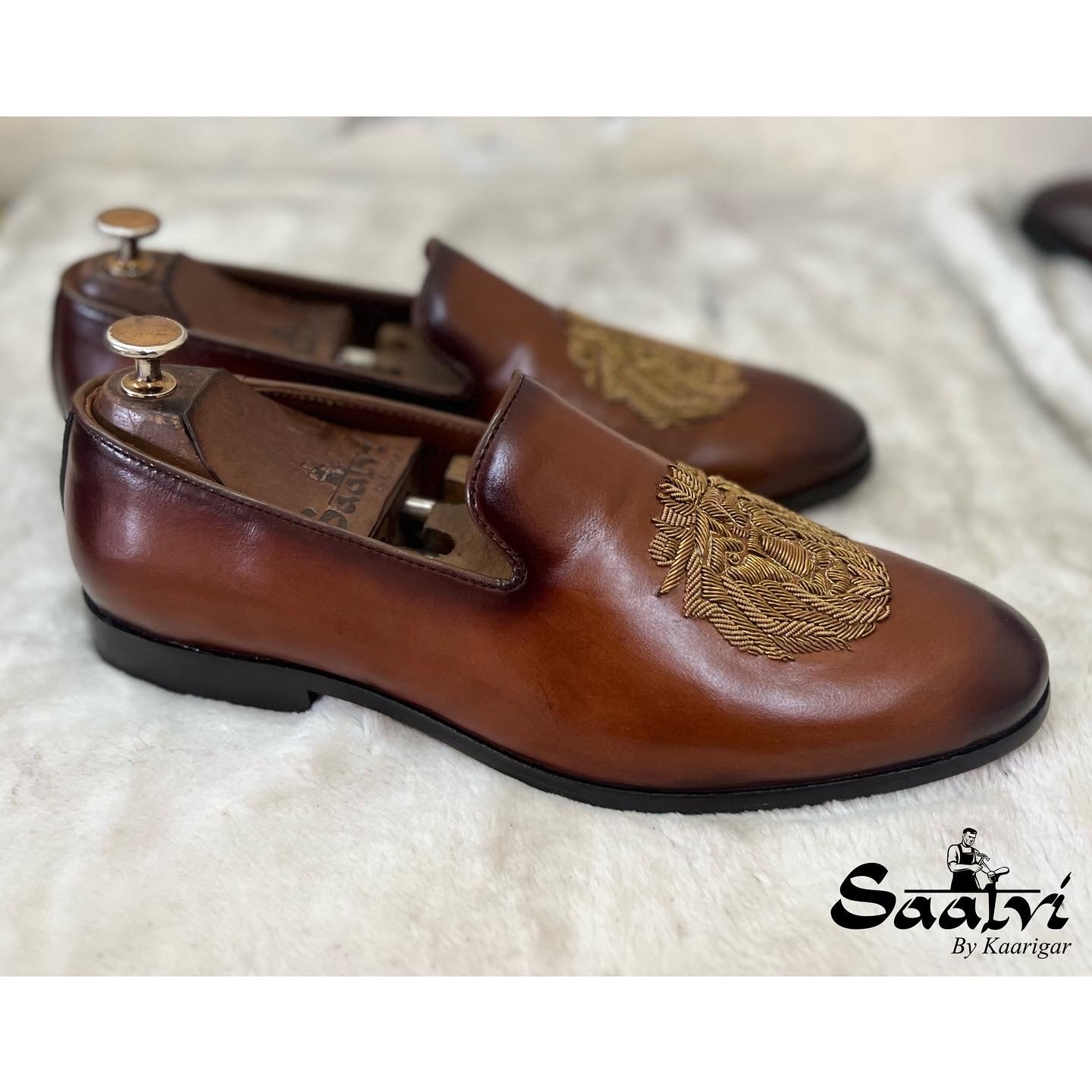 Tan Brown Lion Zardosi Slipons