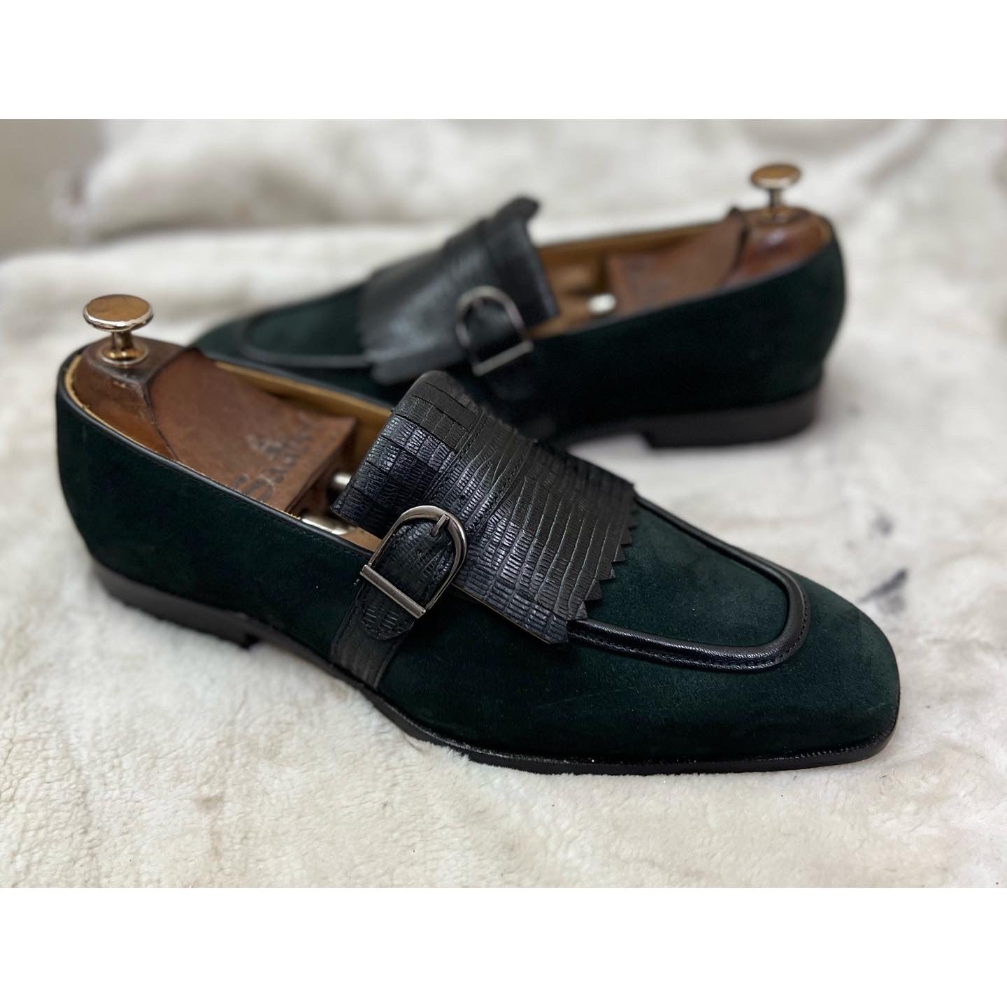 Green Suede Loafers With Fringes