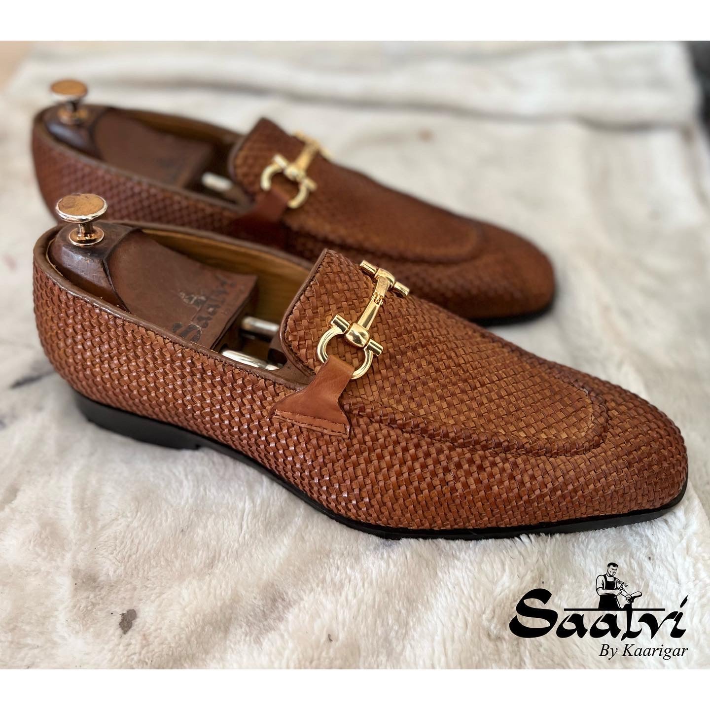 Tan Weave Loafers With Metal Trim