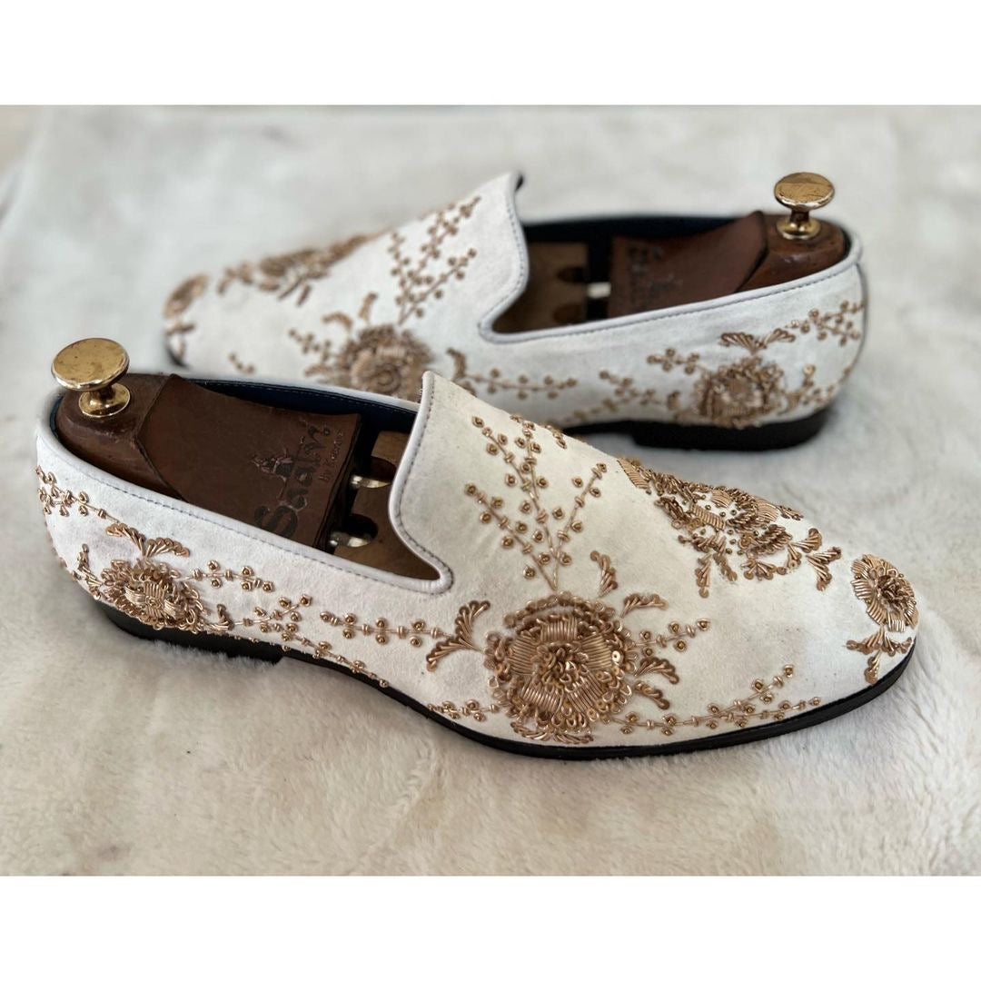 White Velvet Gold Zardosi Embroidery