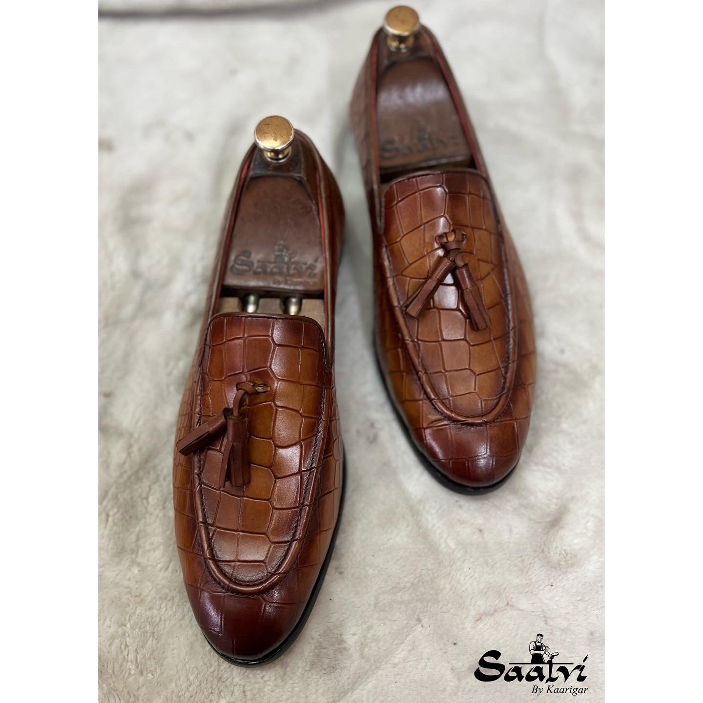 Tan Croco Loafers With Tassels