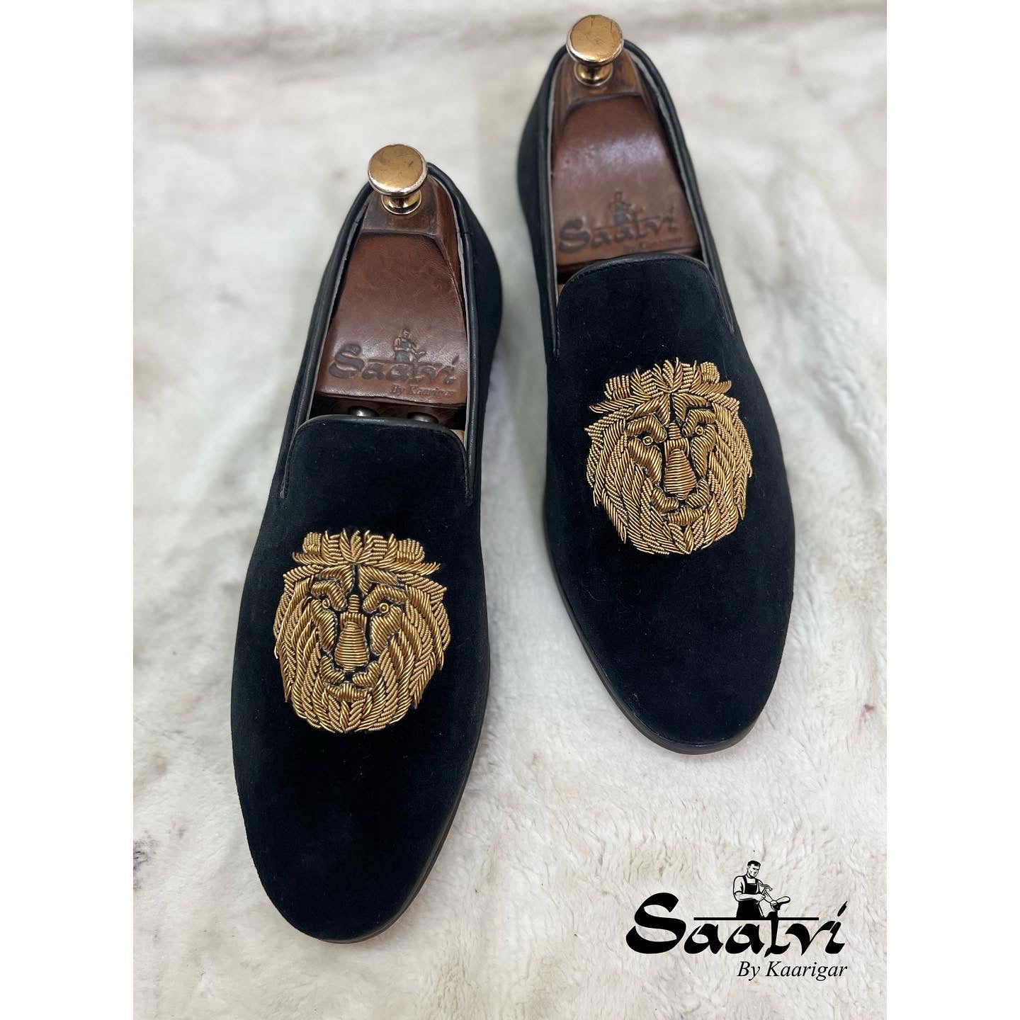 Black Velvet Lion Zardosi Slipons