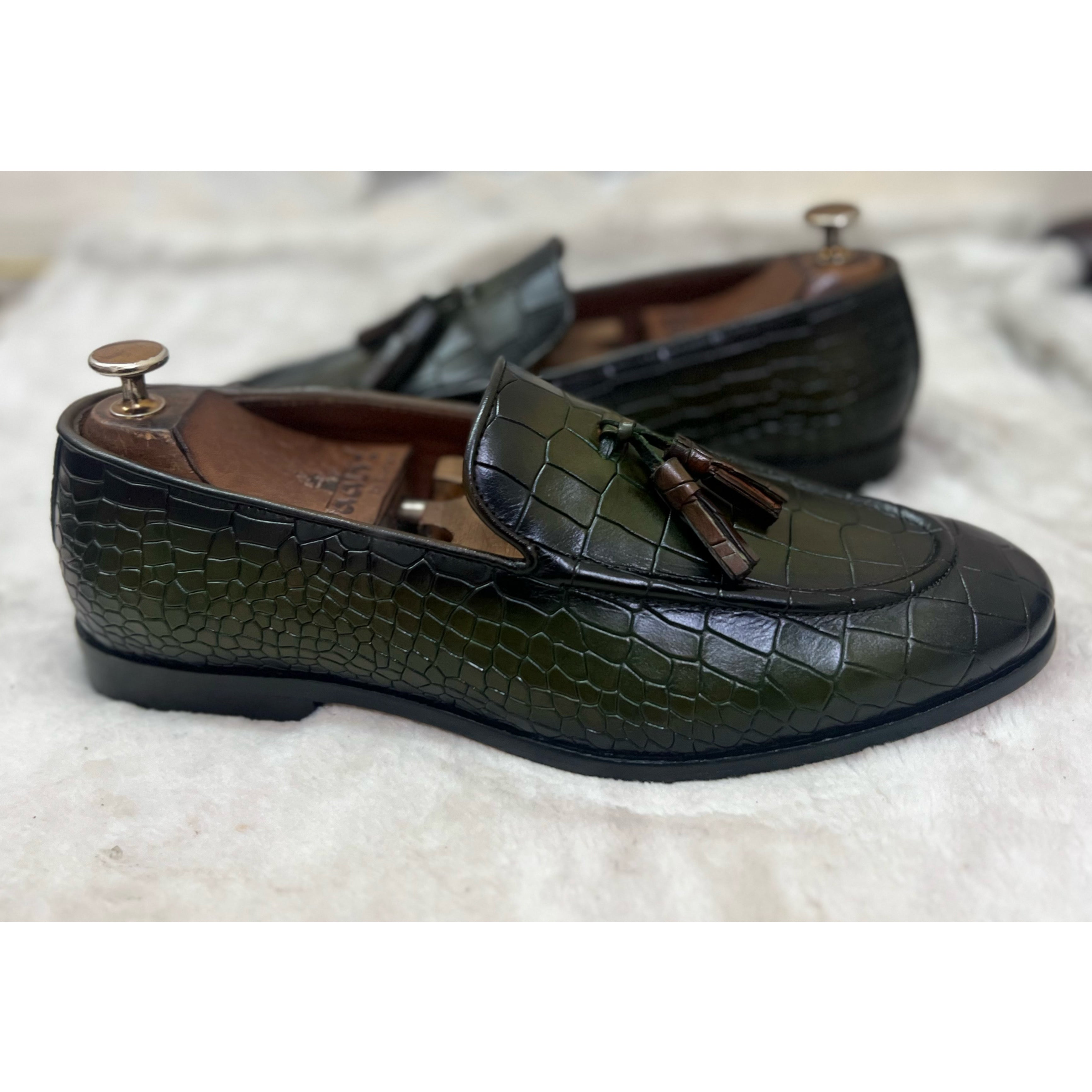 Green Croco Loafers With Tassels