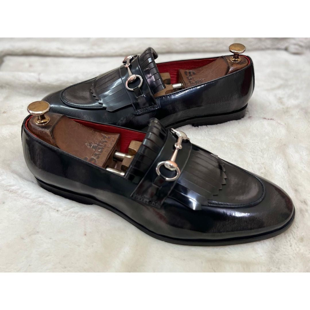 Horsebit Loafers With Fringe Grey