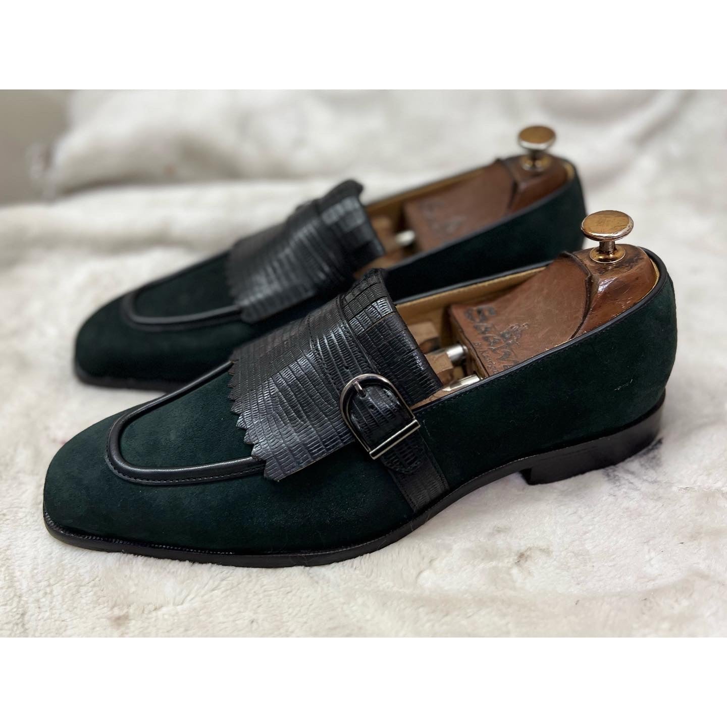 Green Suede Loafers With Fringes