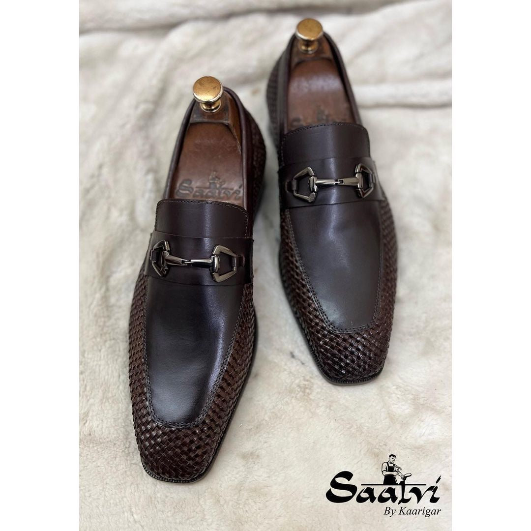 Brown Weave Loafers With Metal Trim T