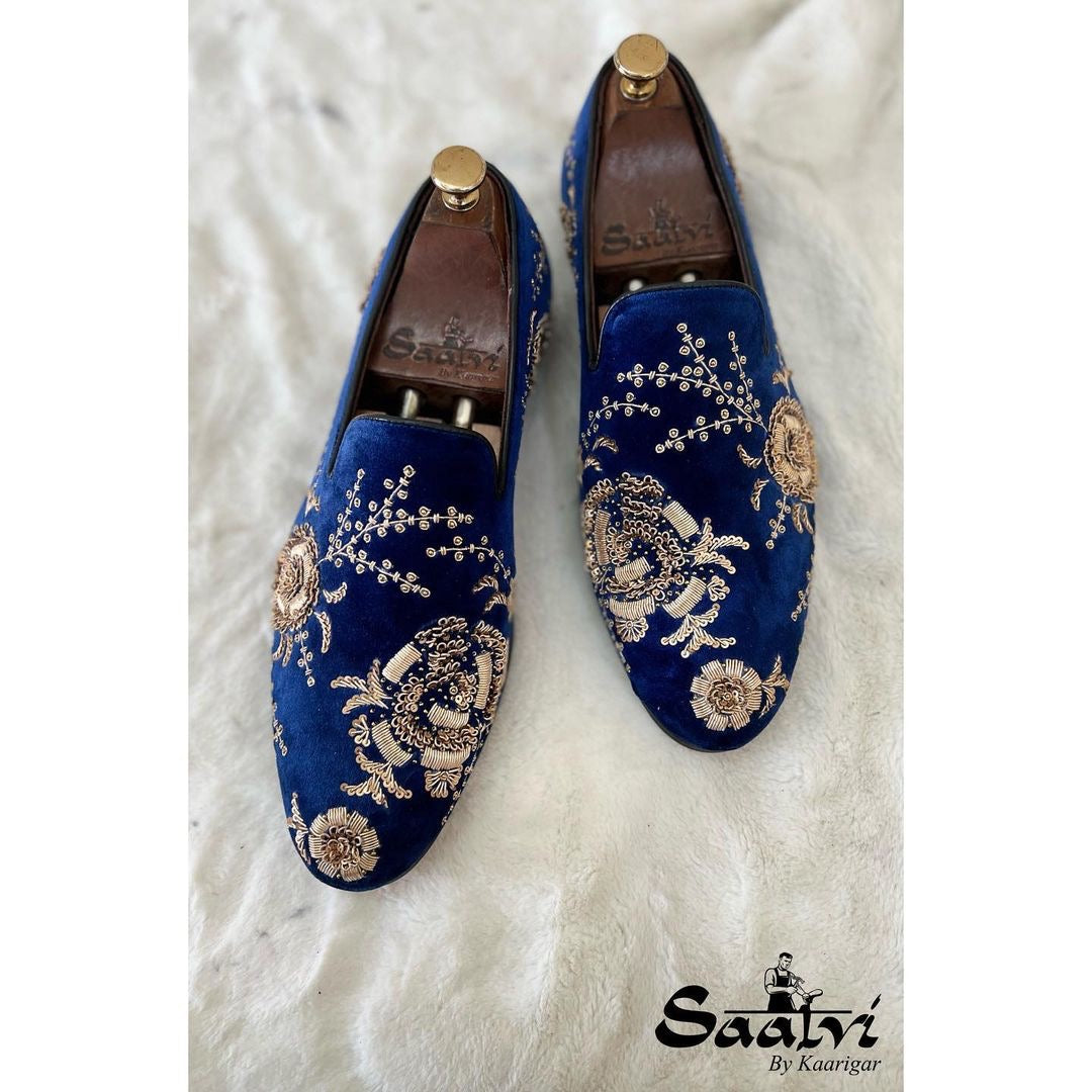 Blue Velvet Gold Zardosi Embroidery