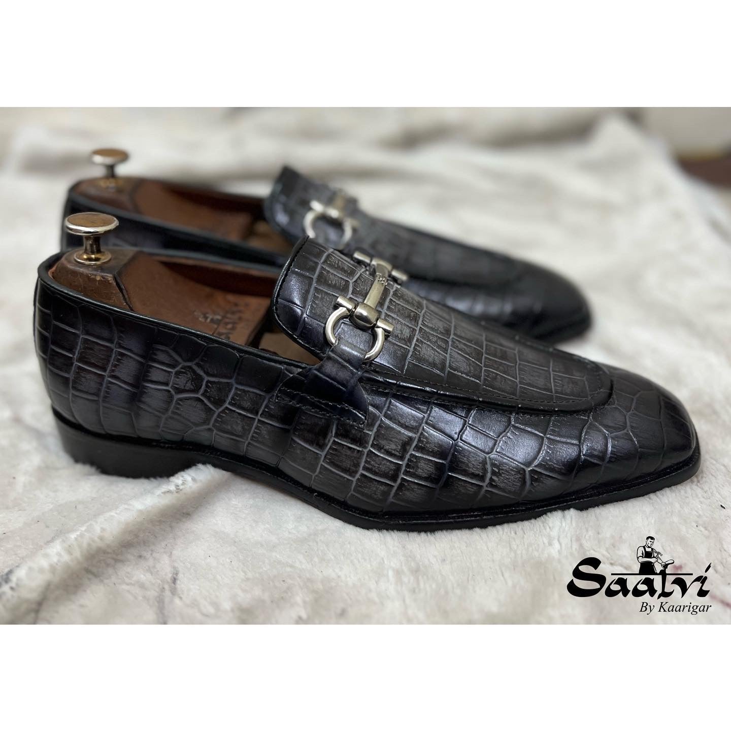 Grey Croco Loafers With Buckle