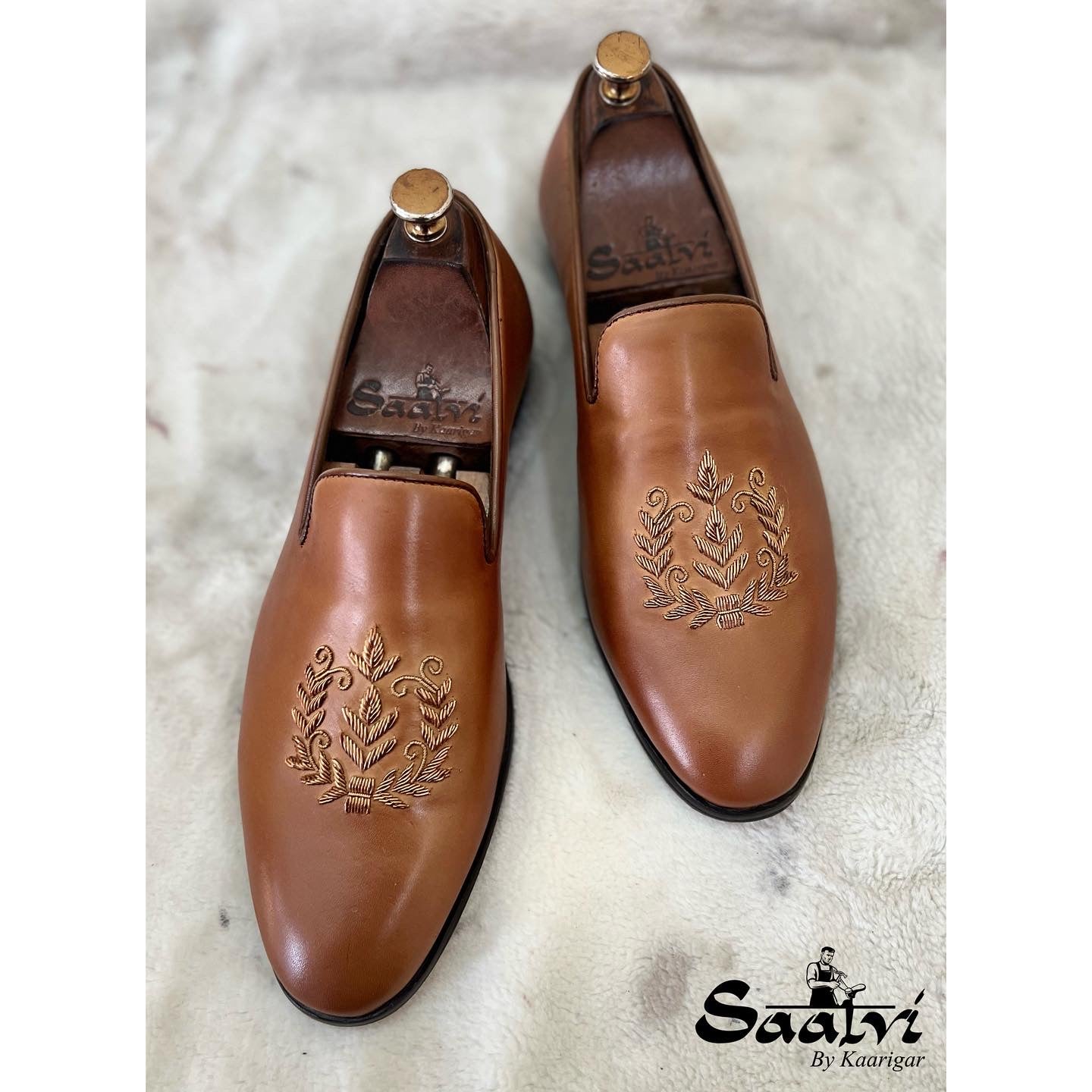 Tan Leaf Zardosi Slipons