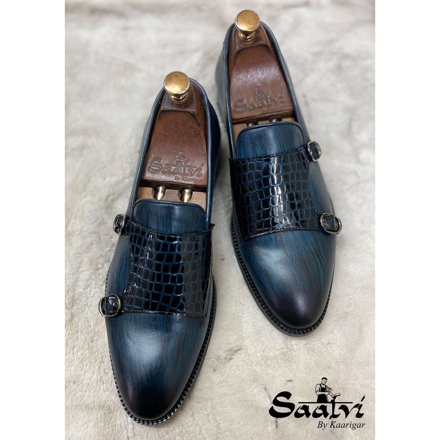 Blue Double Monk Strap Loafers