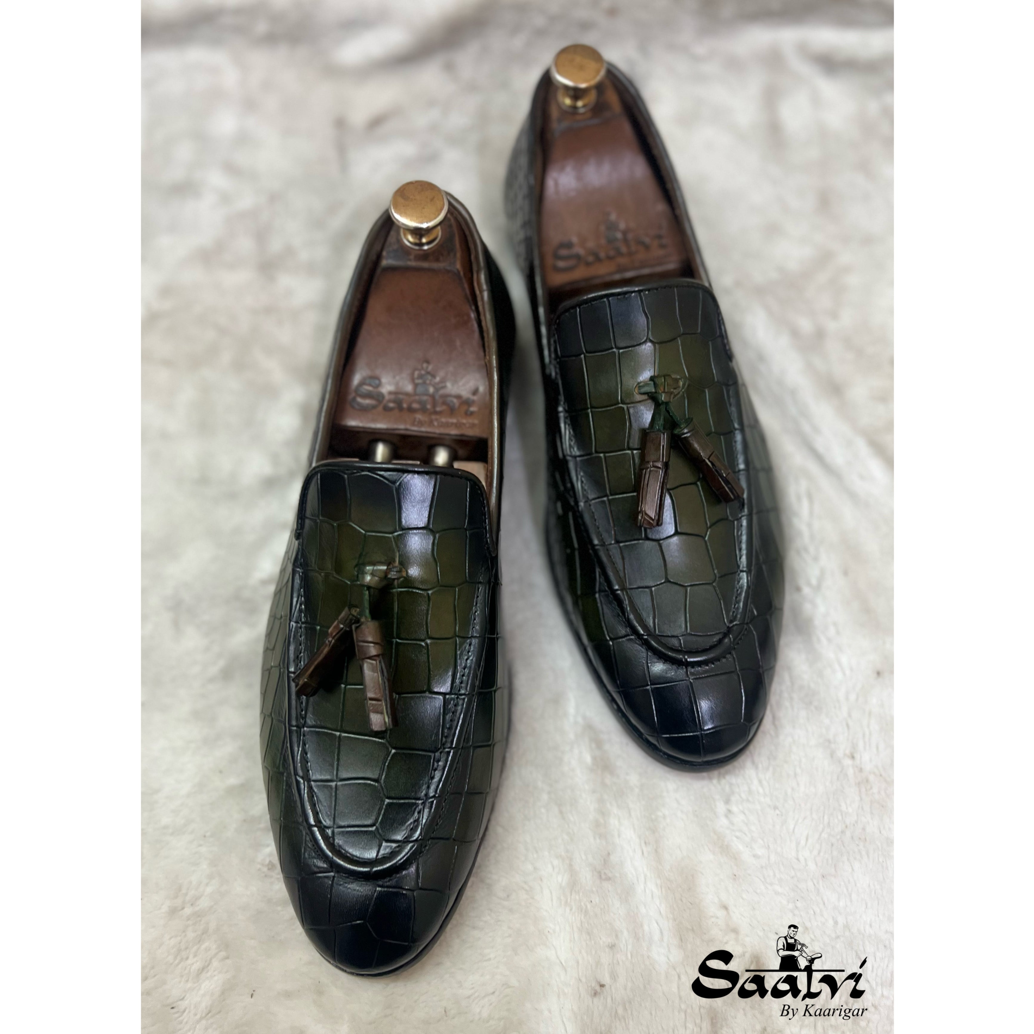 Green Croco Loafers With Tassels