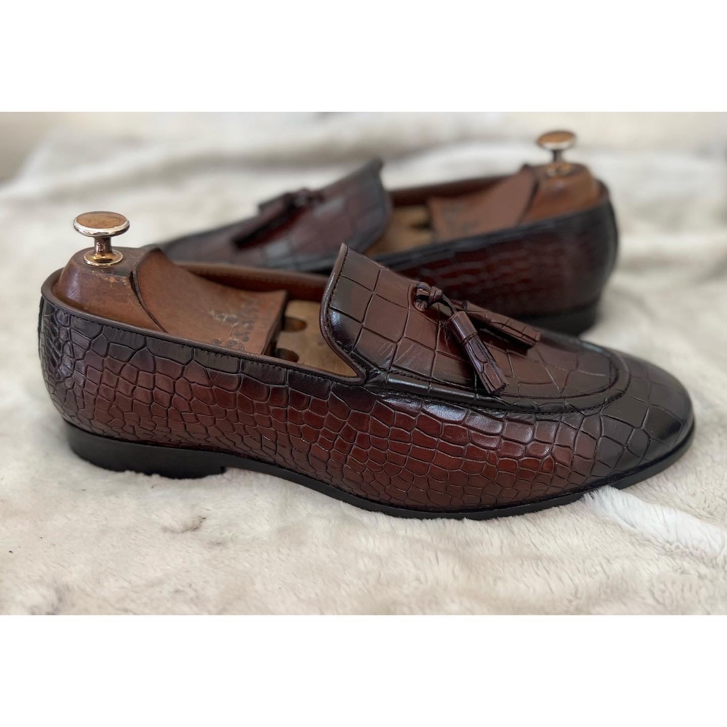 Brown Croco Loafers With Tassles