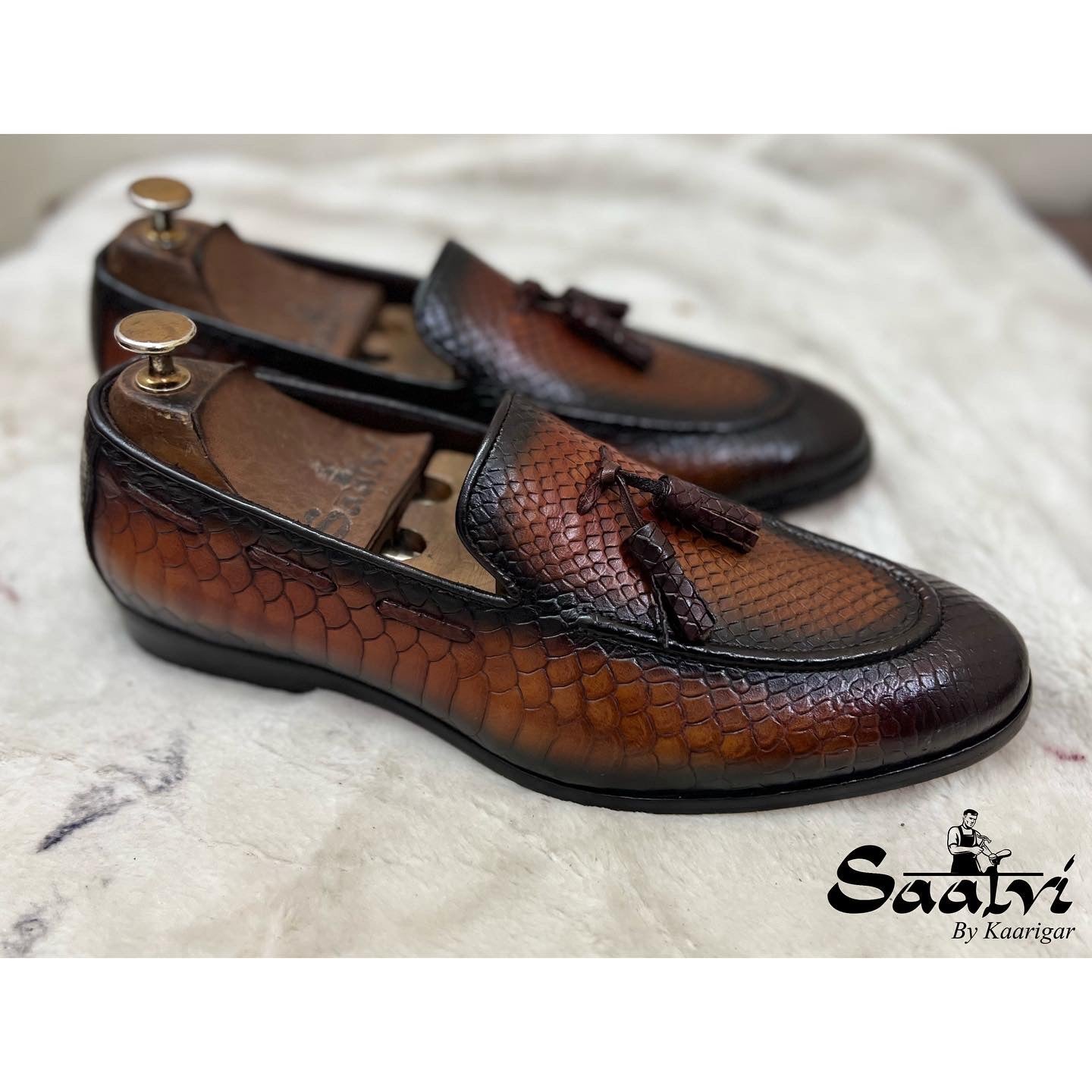 Python Embossed Loafers With Tassels Hand Finished