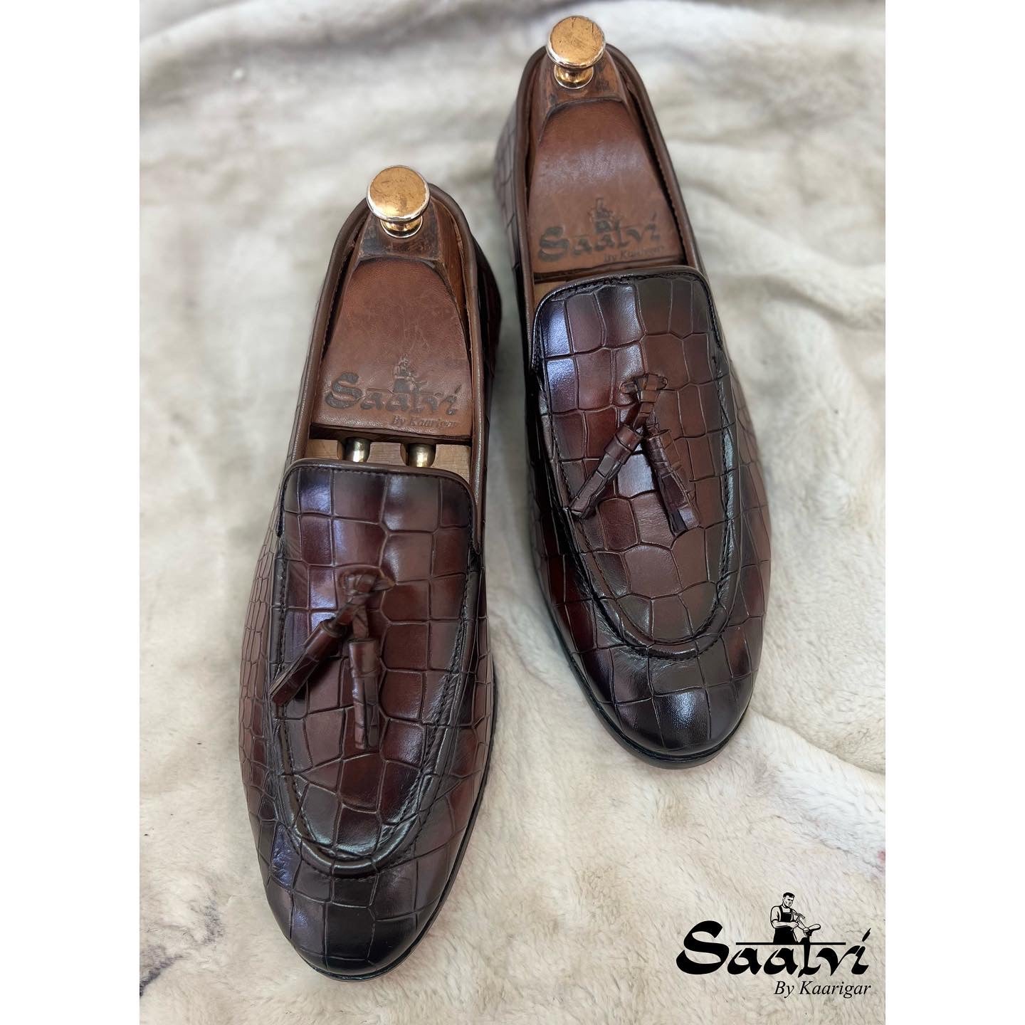 Brown Croco Loafers With Tassles