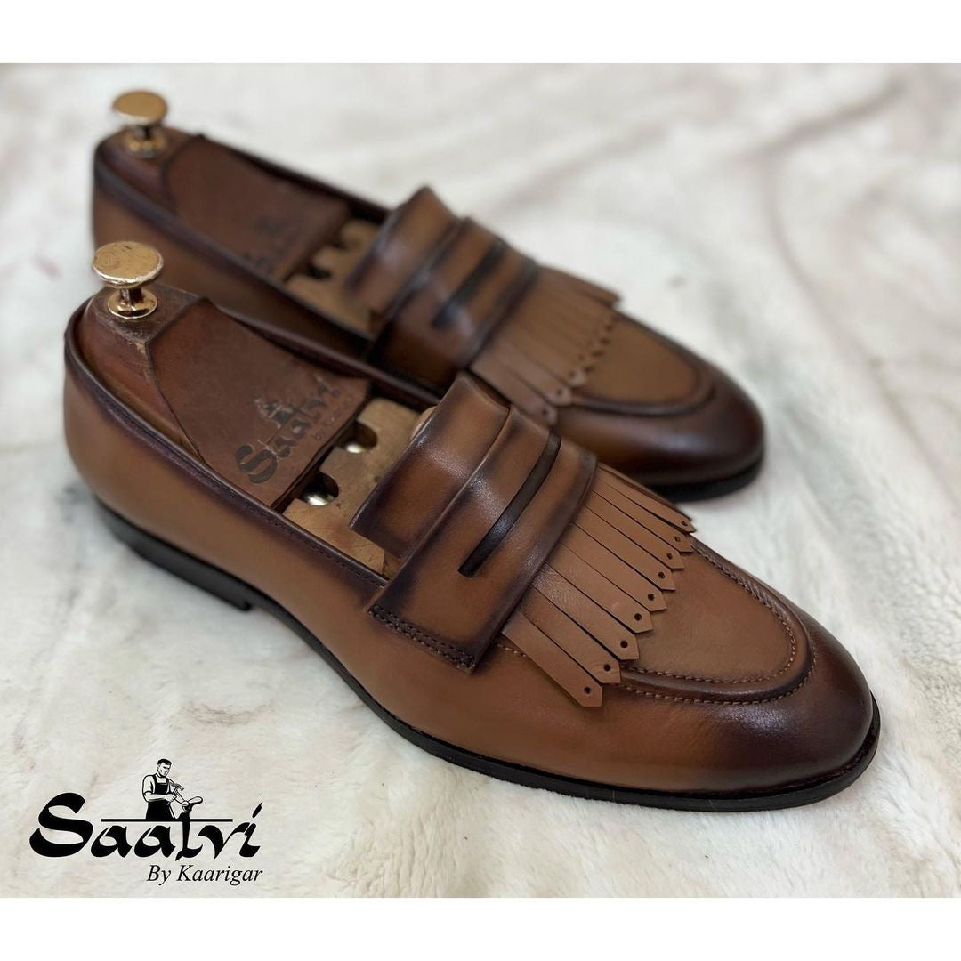 Tan Penny Loafers With Fringes