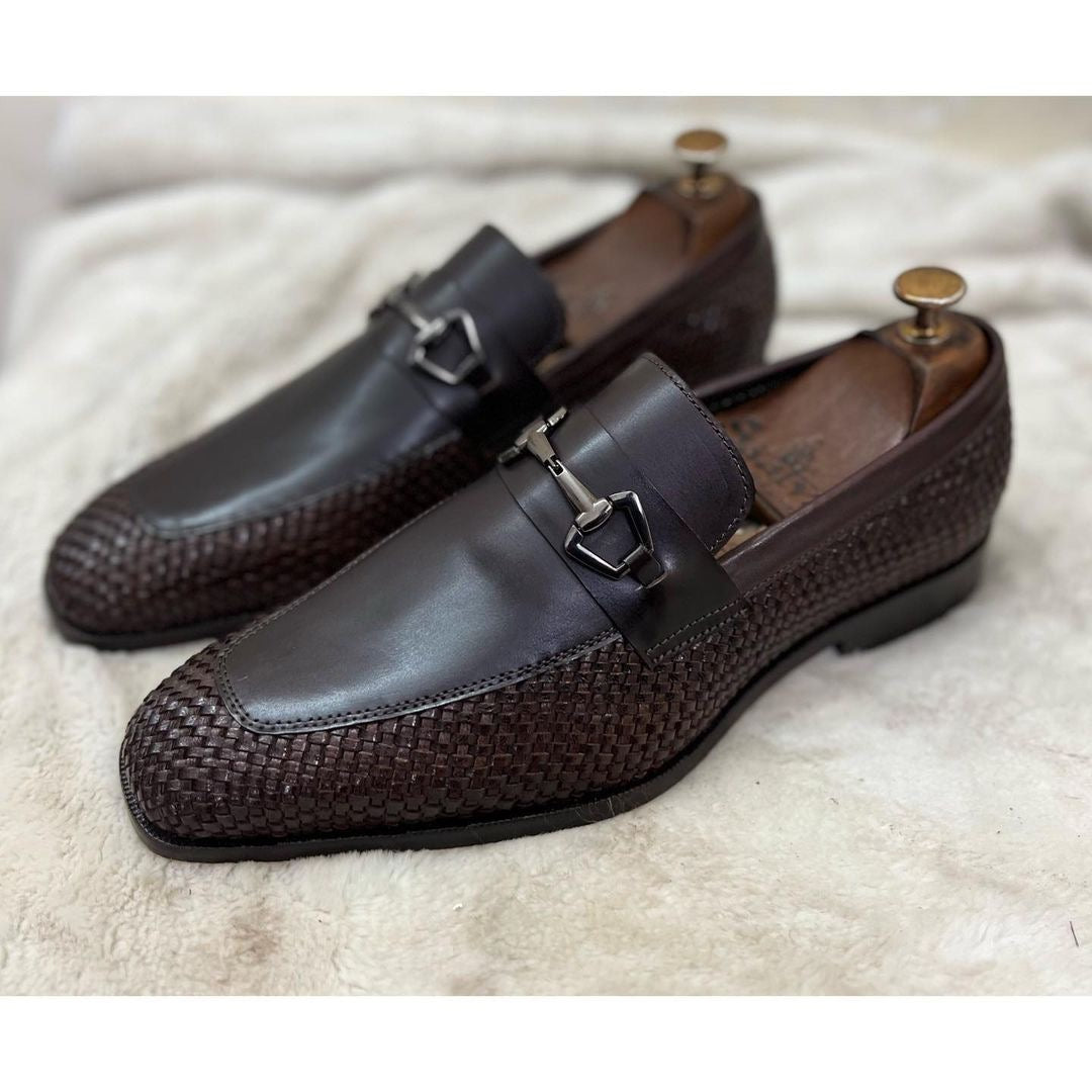 Brown Weave Loafers With Metal Trim T
