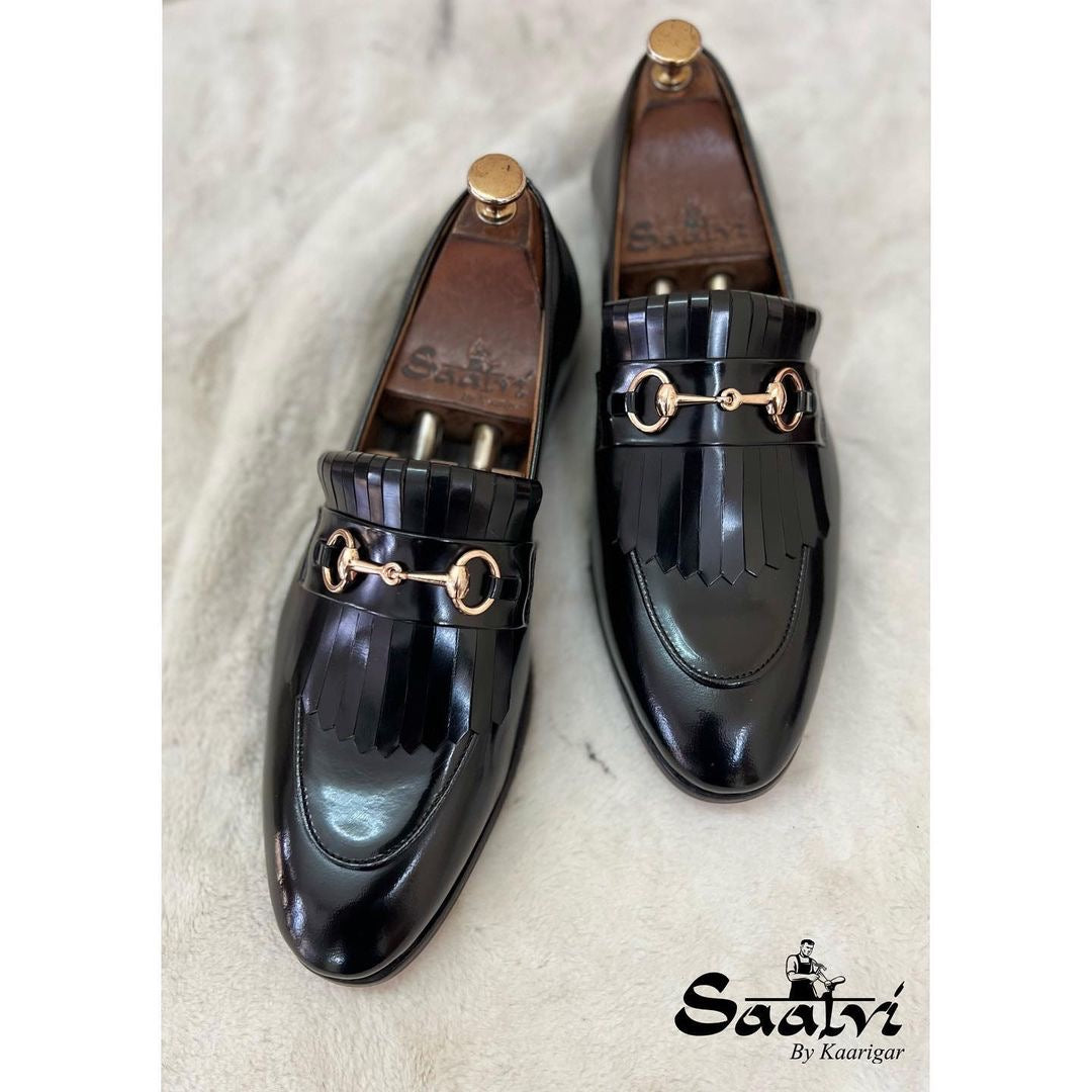 Horsebit Loafers With Fringes- Blk Calf