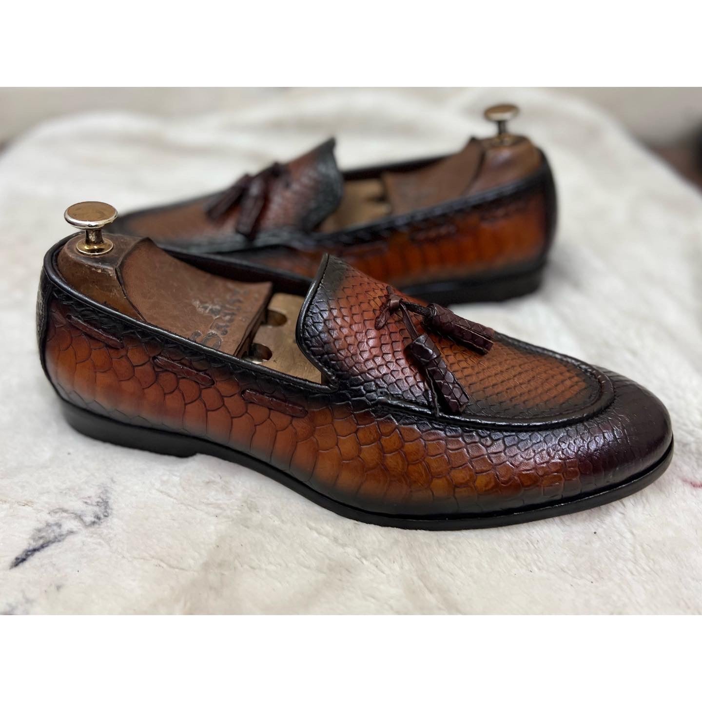 Python Embossed Loafers With Tassels Hand Finished