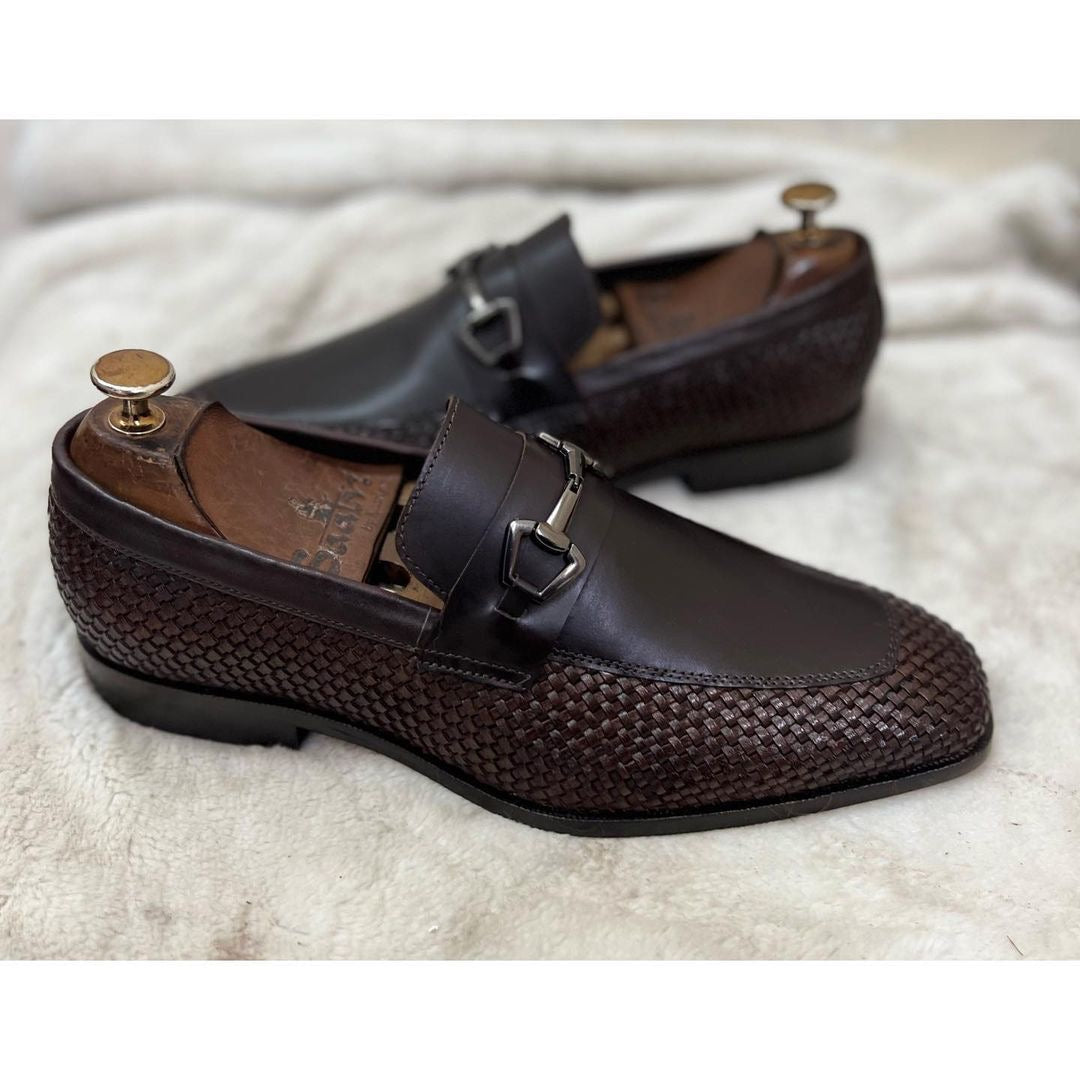 Brown Weave Loafers With Metal Trim T
