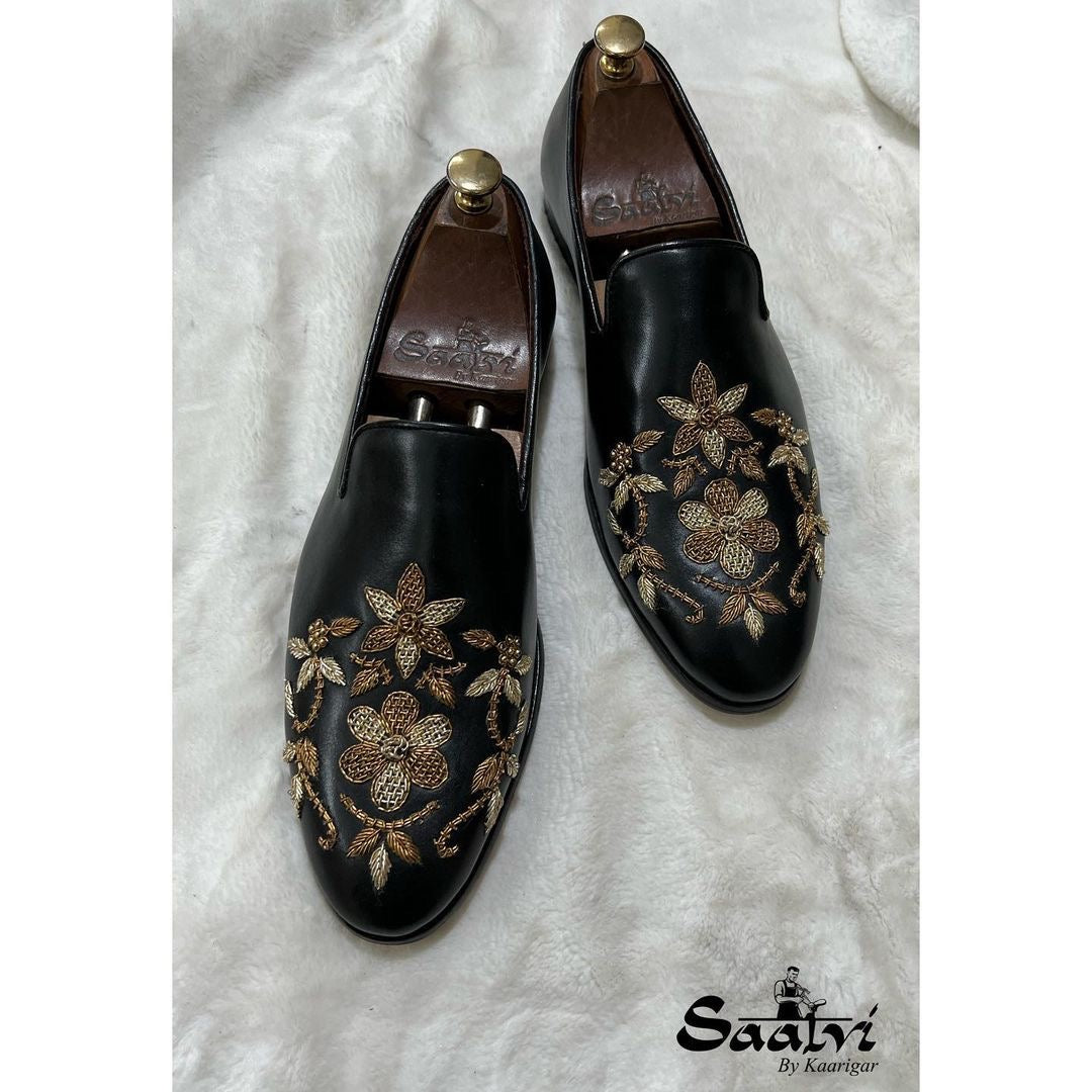 Black Leather Flower Zardosi Slipons