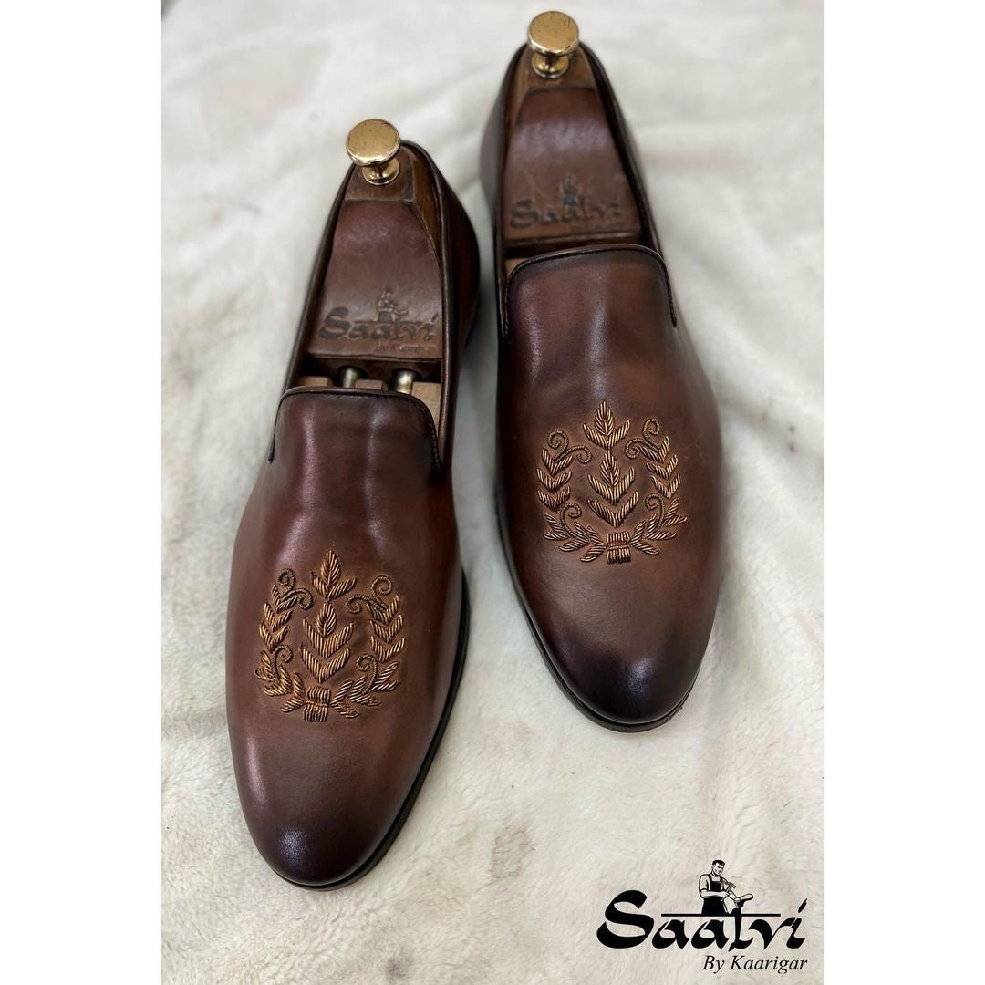 Brown Leaf Zardosi Slipon