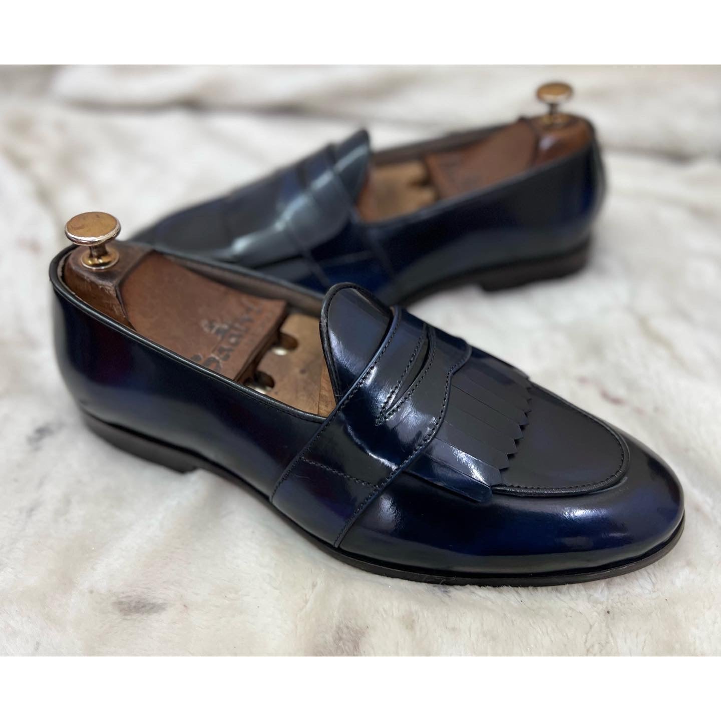 Blue Belgian Loafers for Men – Leather Fringe Slip-On Formal Shoes
