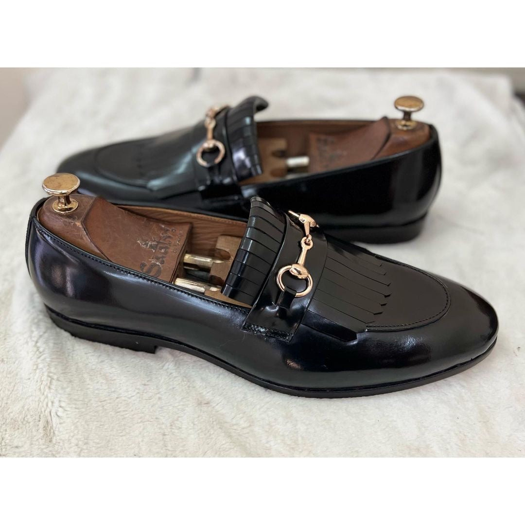 Horsebit Loafers With Fringes- Blk Calf