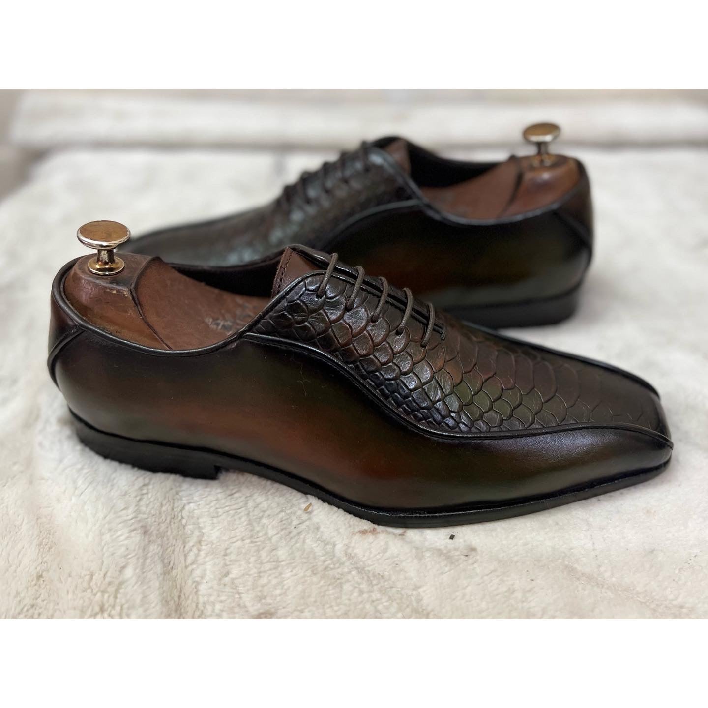 Python Embossed Oxfords Green Hand Patina