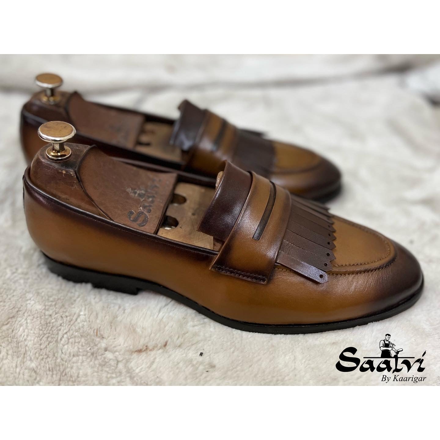 Tan Penny Loafers With Fringes