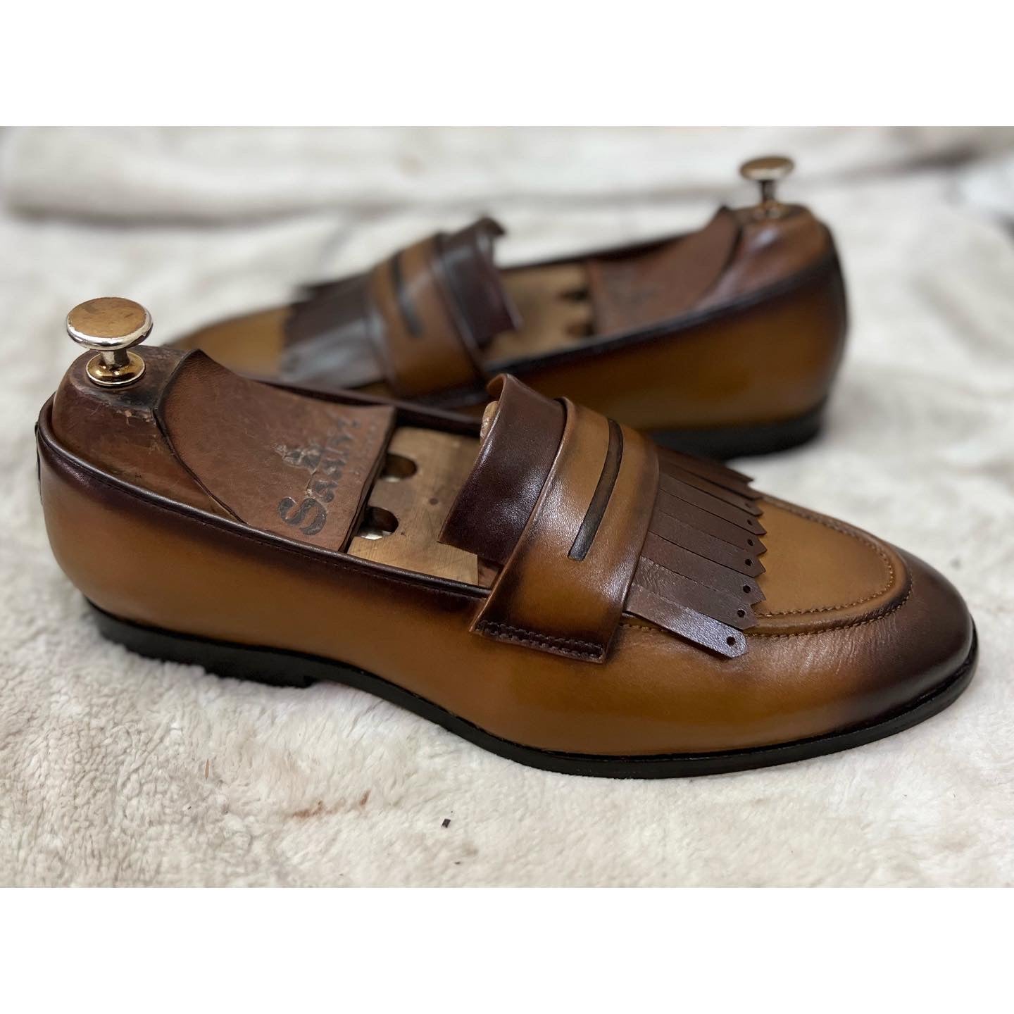 Tan Penny Loafers With Fringes