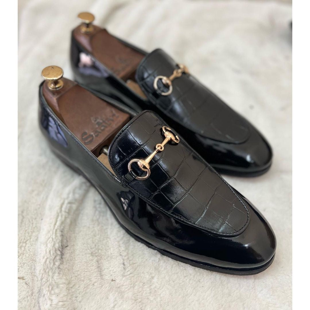 Black Patent Horsebit With Crocodile Leather