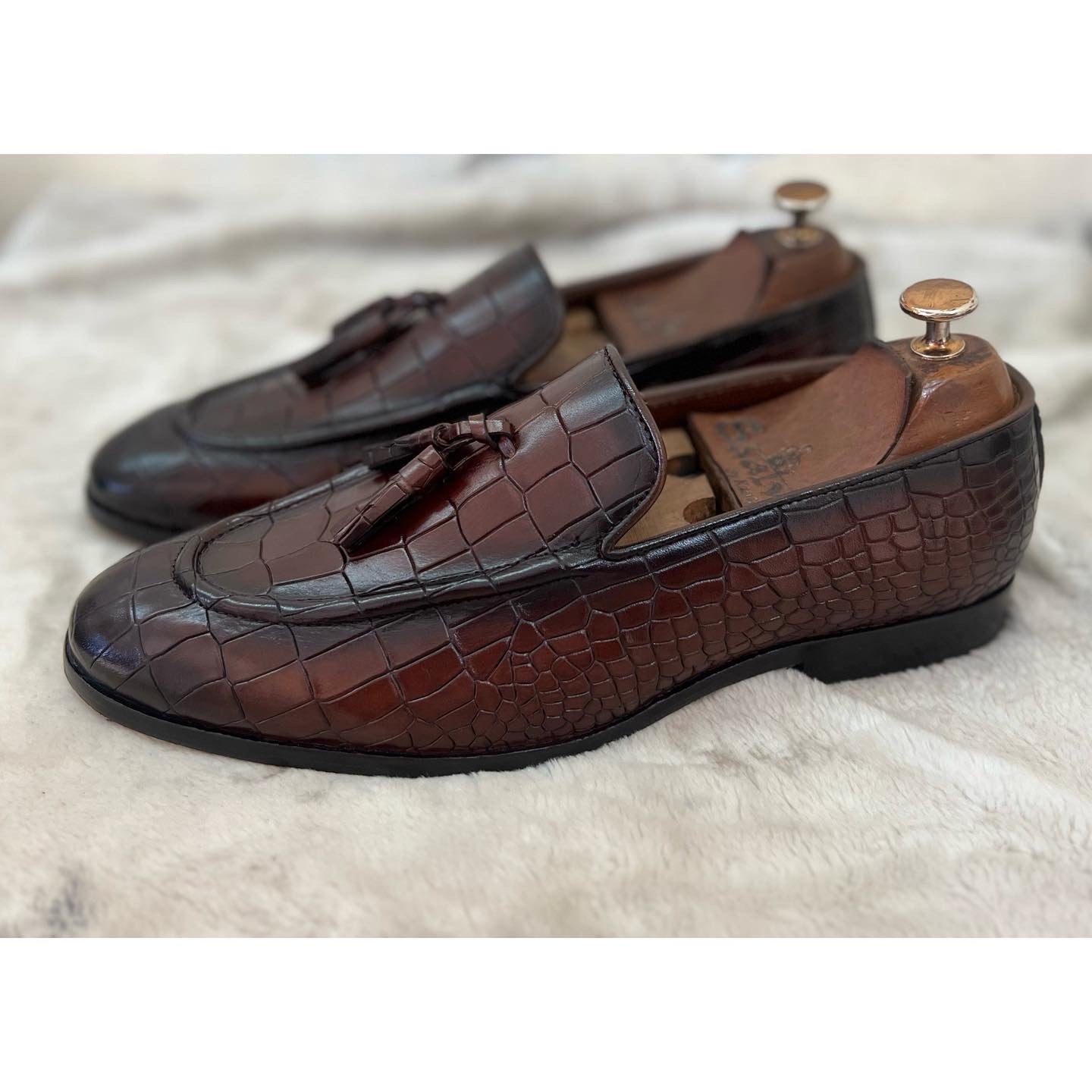 Brown Croco Loafers With Tassles