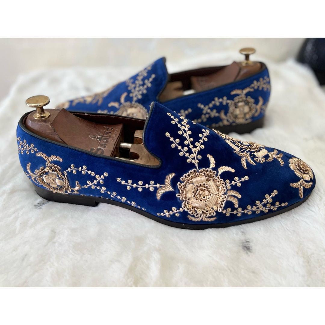 Blue Velvet Gold Zardosi Embroidery